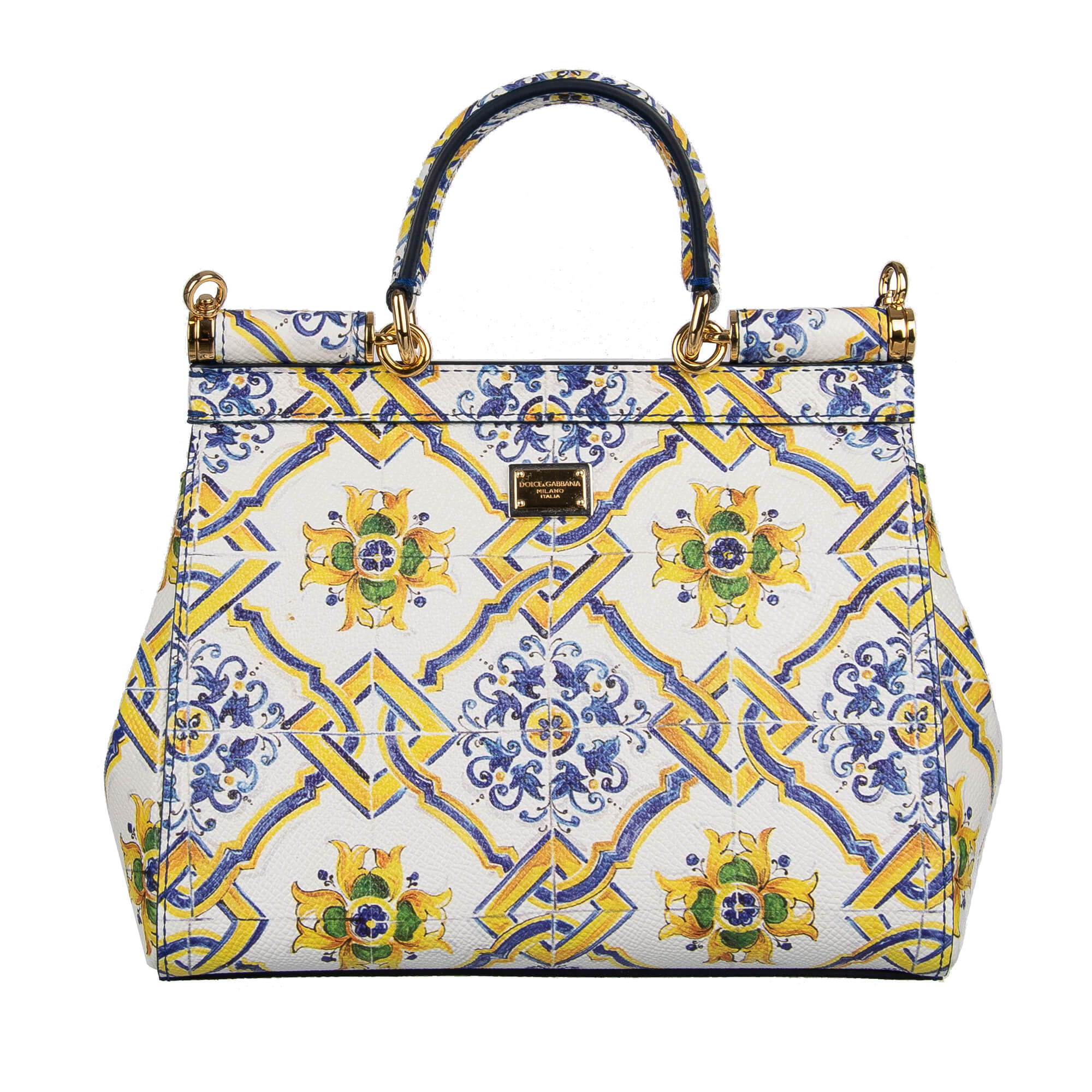 Hand- / Schultertasche SICILY Mini aus Dauphine Leder mit Majolika Print und Logo Schild von DOLCE & GABBANA