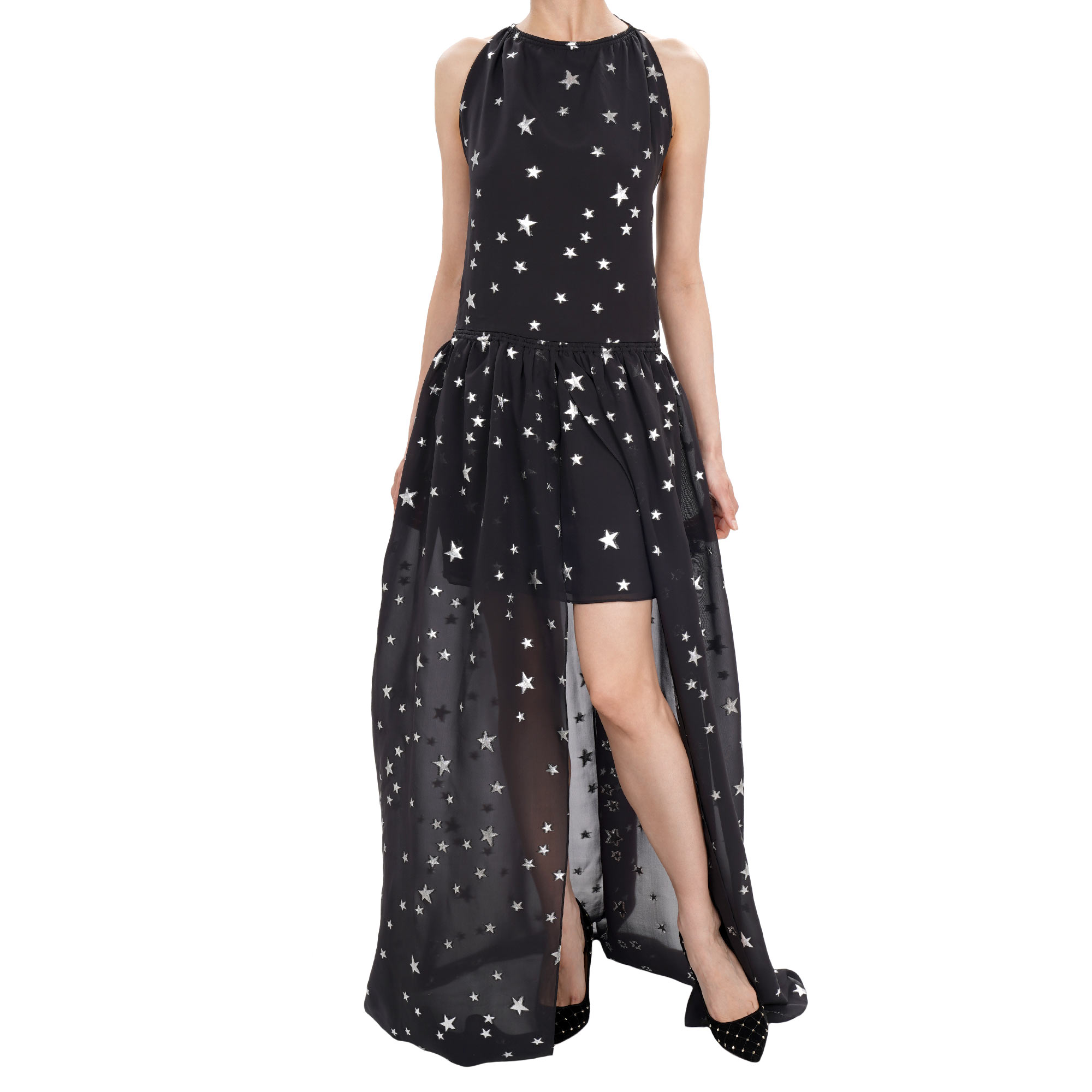 Silber Stern Chiffon Seide Maxi Schleppe Kleid Schwarz IT 38 DE 32 34 XS