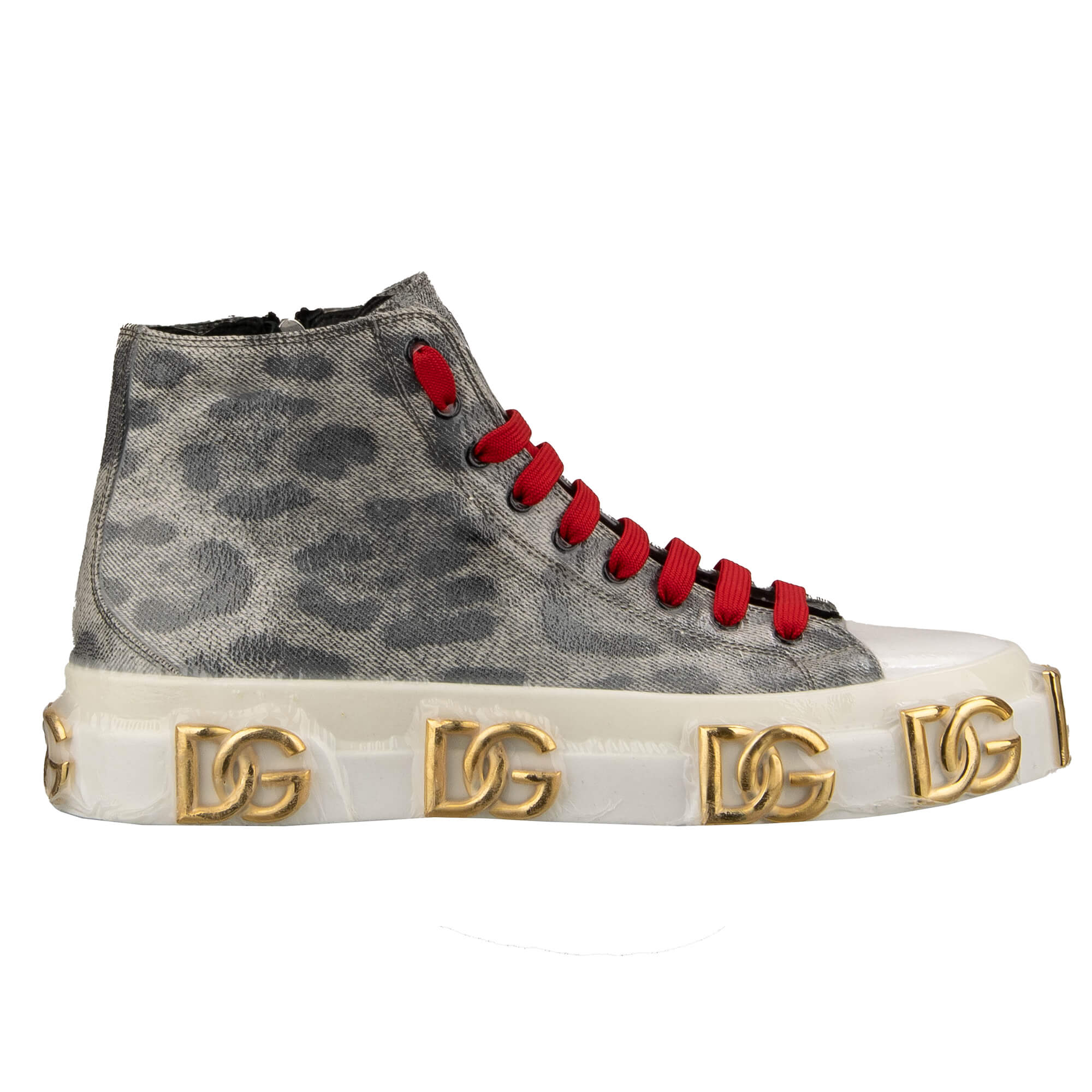 High Top Leopard Stoff und Leder Sneaker PORTOFINO mit DG Gold Logo und Plastik Folie Design in Grau und Weiß von DOLCE & GABBANA