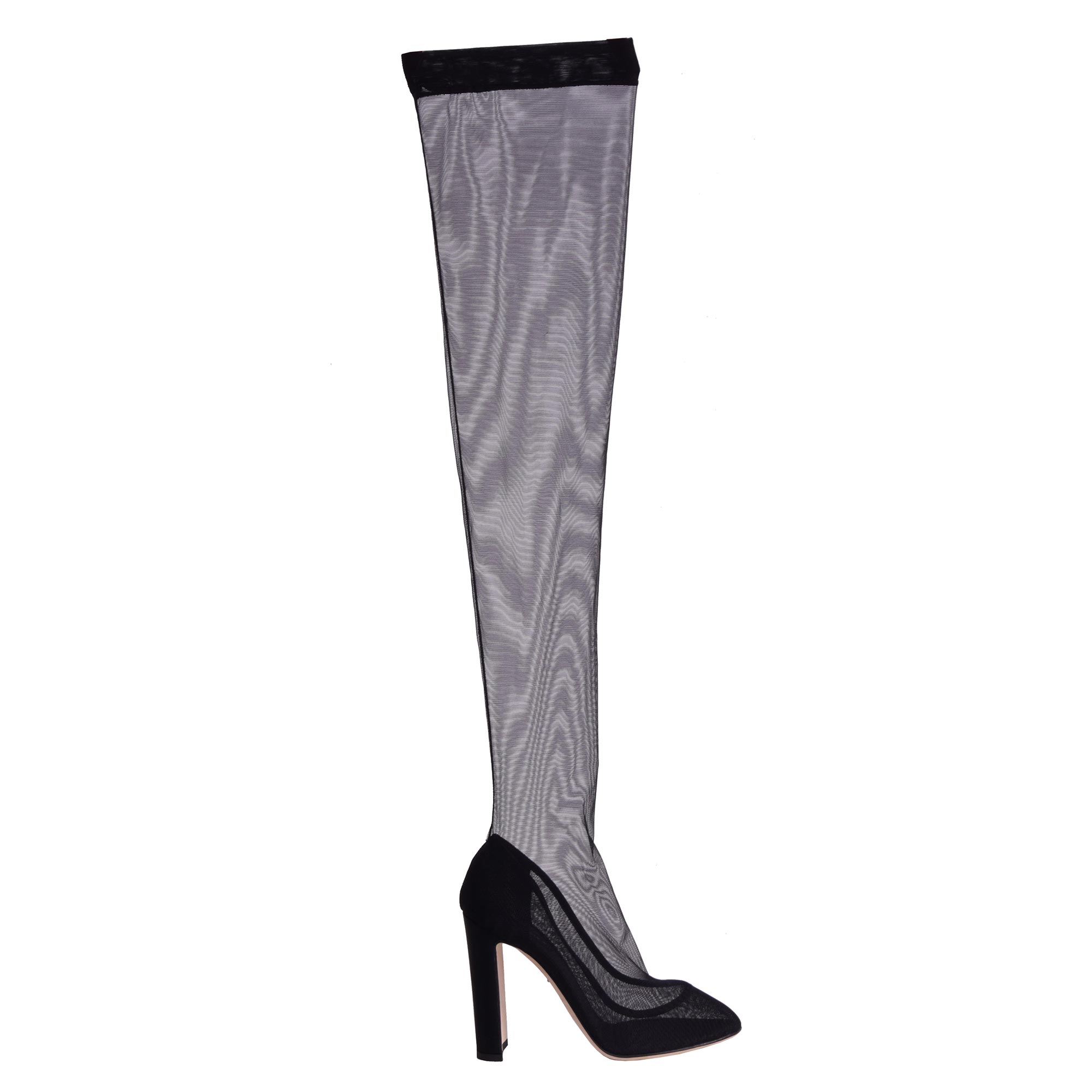 Transapent Lace Tulle Leather Pumps Boots Heels Black