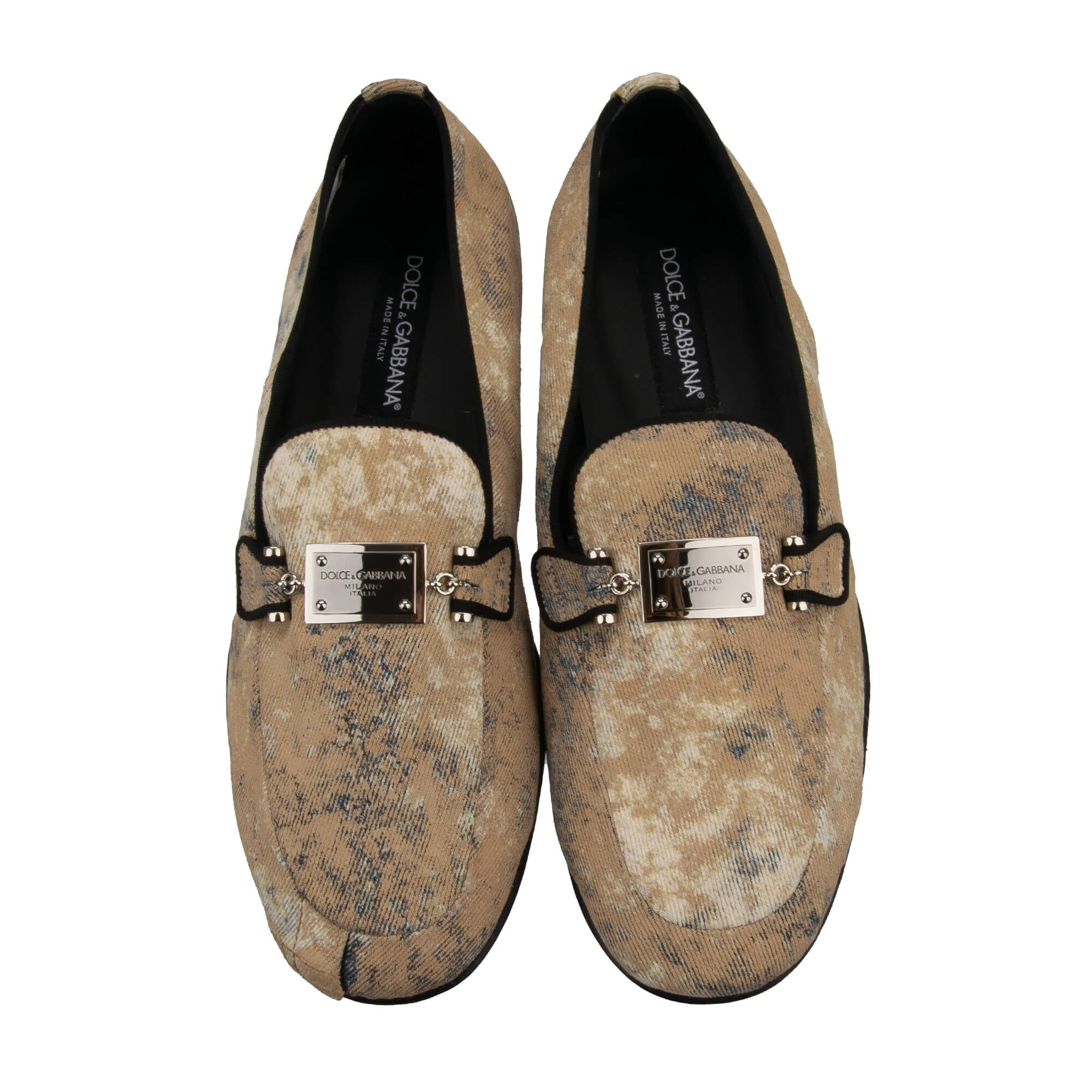 One of a kind coated effect denim fabric moccasins shoes ERICE with DG Metal Logo Plate in beige by DOLCE & GABBANA