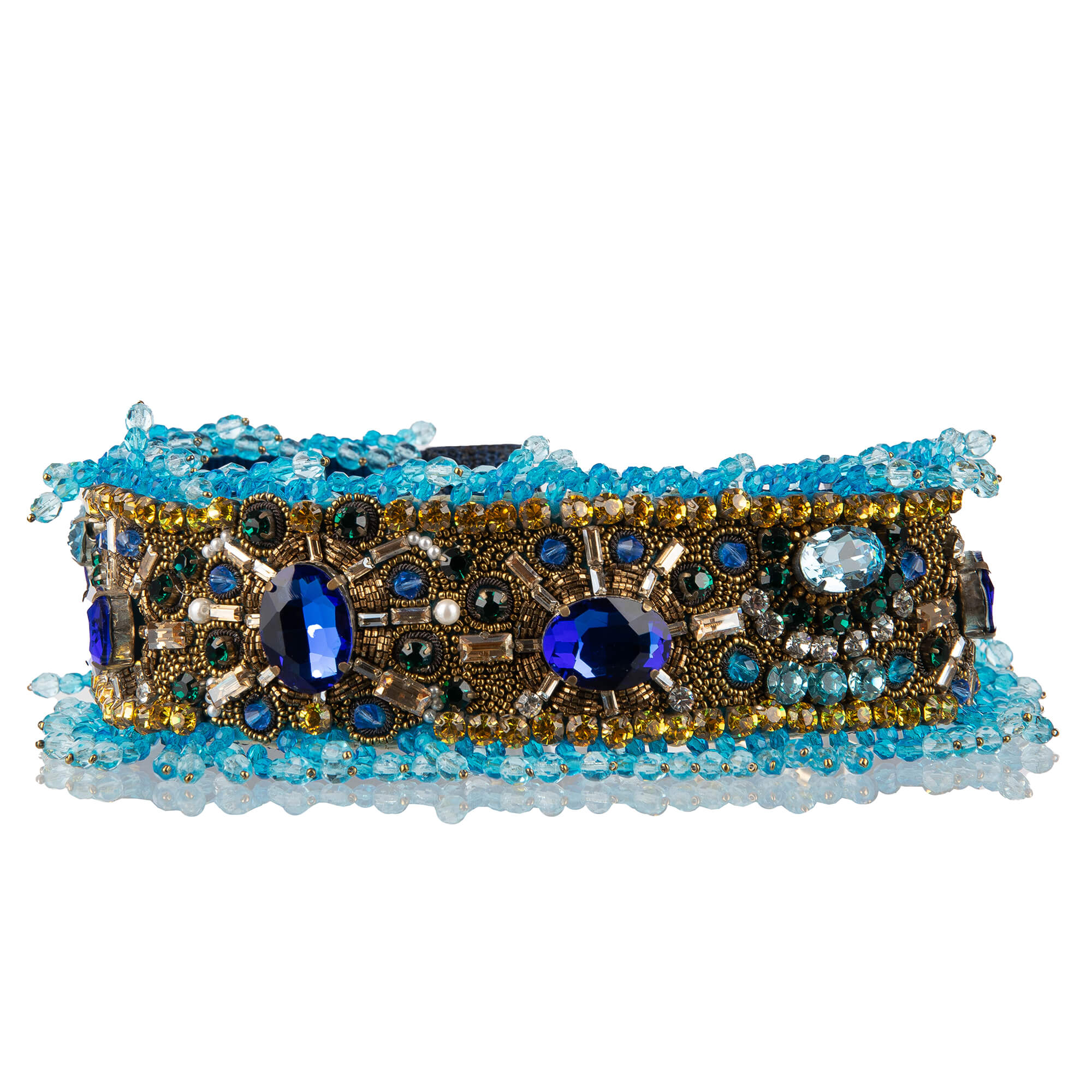 Schulterriemen für Tasche aus Baumwolle und Raffia in Blau und Gold verziert mit Perlen und Kristallen Handstickerei von DOLCE & GABBANA