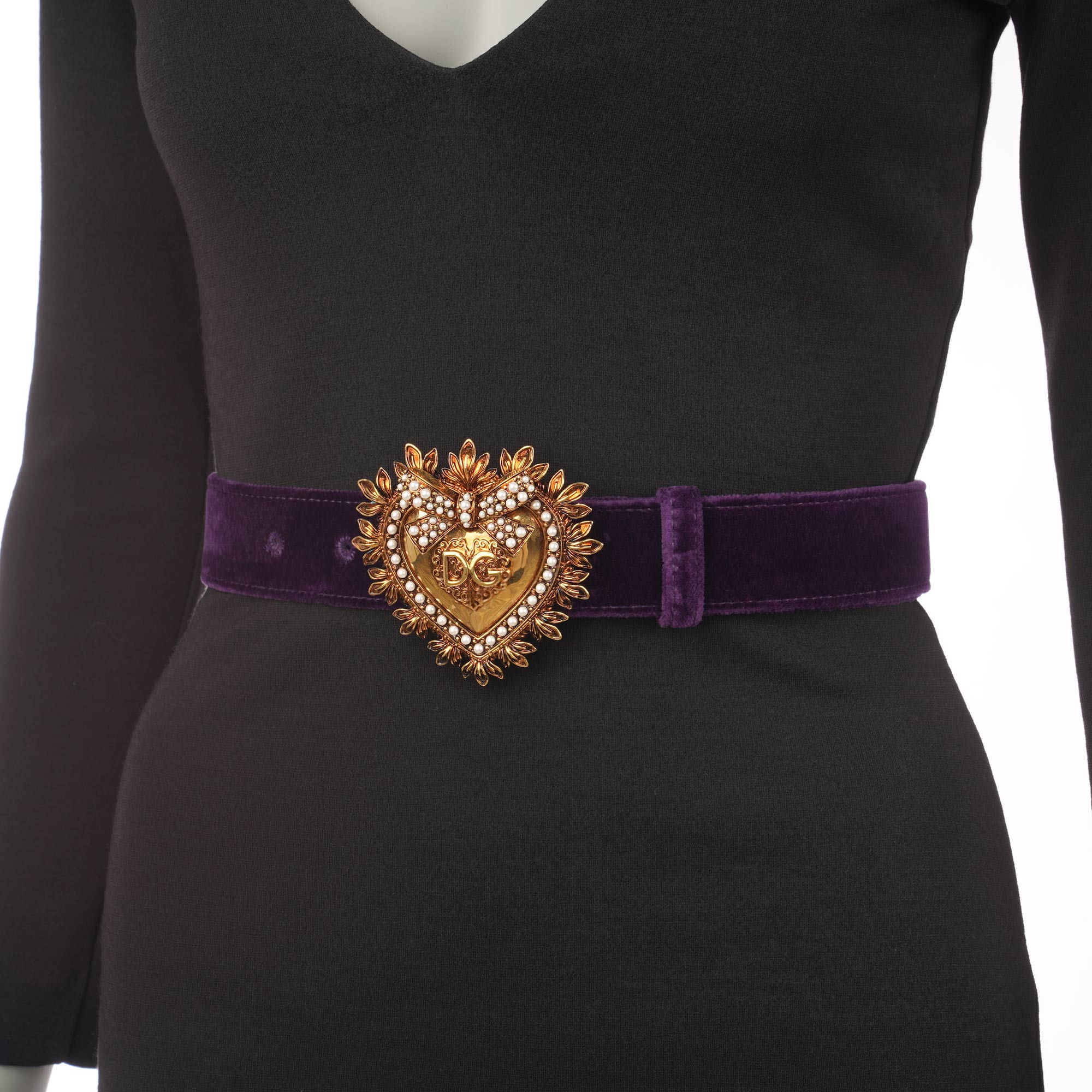 DEVOTION Gürtel aus Leder und Samt mit Metall Perlen Herz in Lila und Gold von DOLCE & GABBANA 