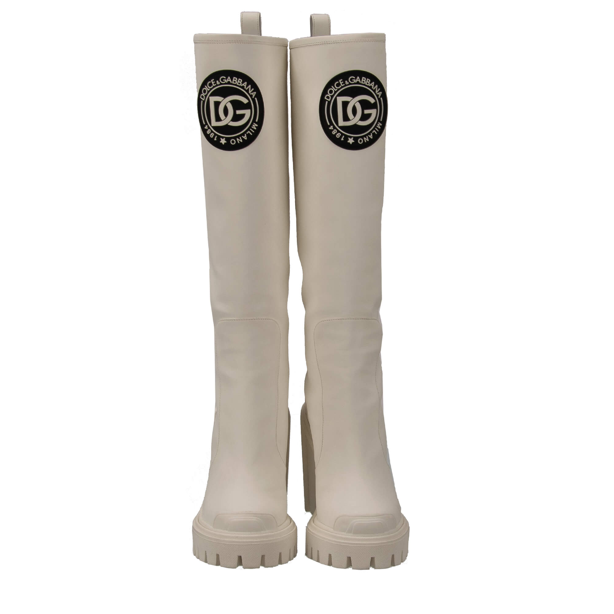 Plateau Faux Rubber Leather Blend Hi Trekking Heels Boots with DG logo in front in white by DOLCE & GABBANA