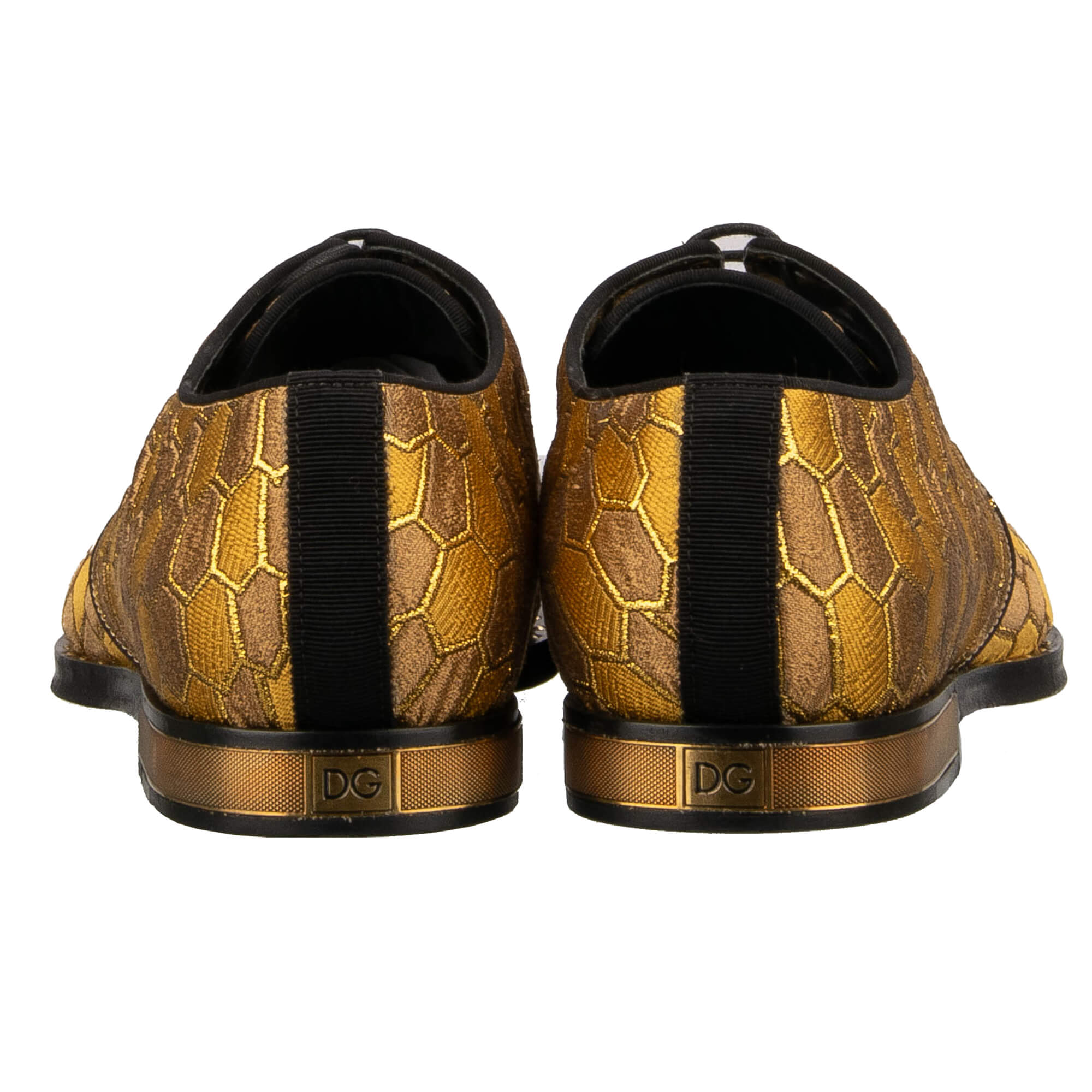 Unique pointed leather Derby Shoes MILLENNIALS with animal print embellished and metal plate with DG logo at the heel in gold and black by DOLCE & GABBANA