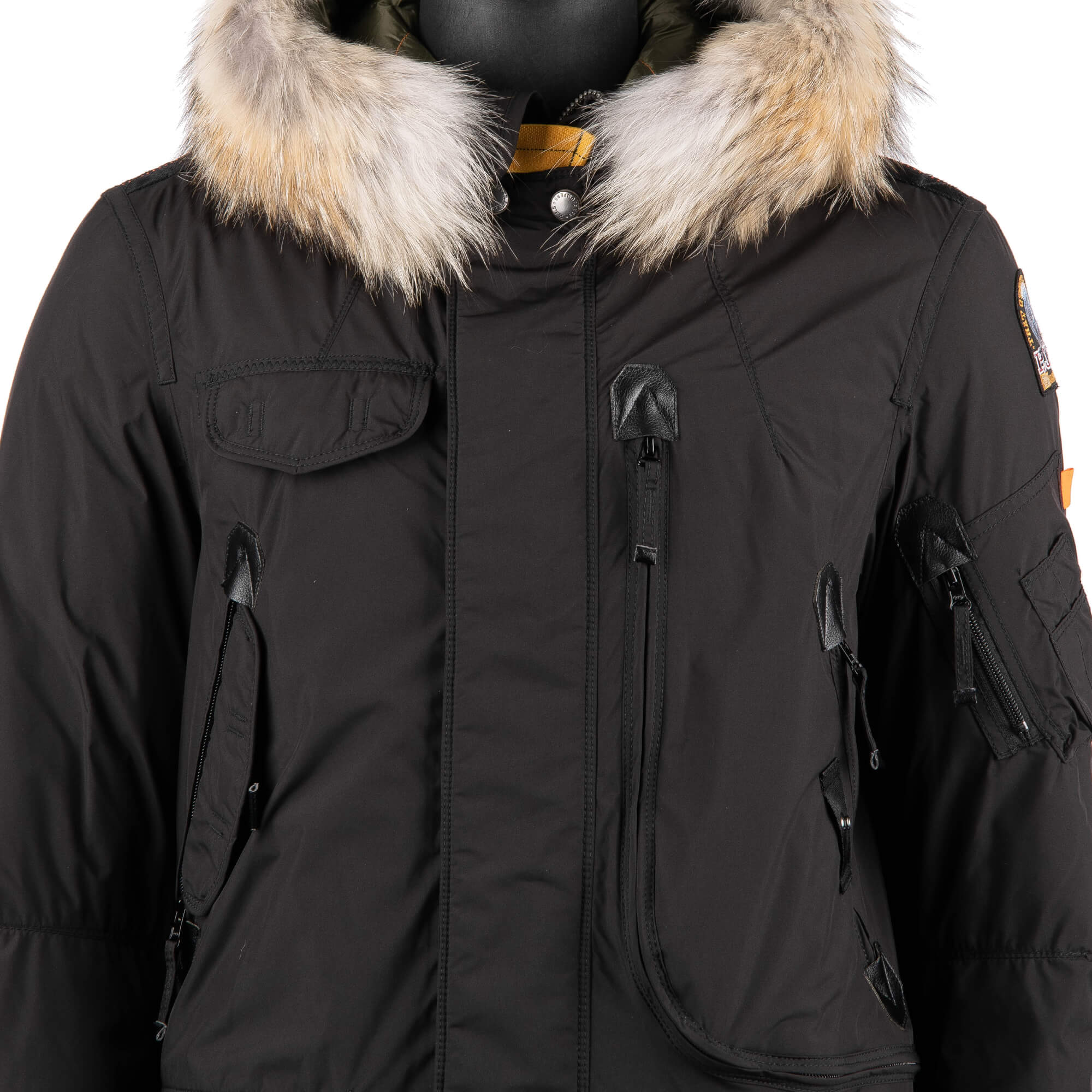 Parka / Daunenjacke RIGHT HAND LIGHT aus leichtem Polyester-Polyurethan-Popeline mit abnehmbarem Echtpelzbesatz, Kapuze, vielen Taschen und Daunenfutter in Raven Schwarz