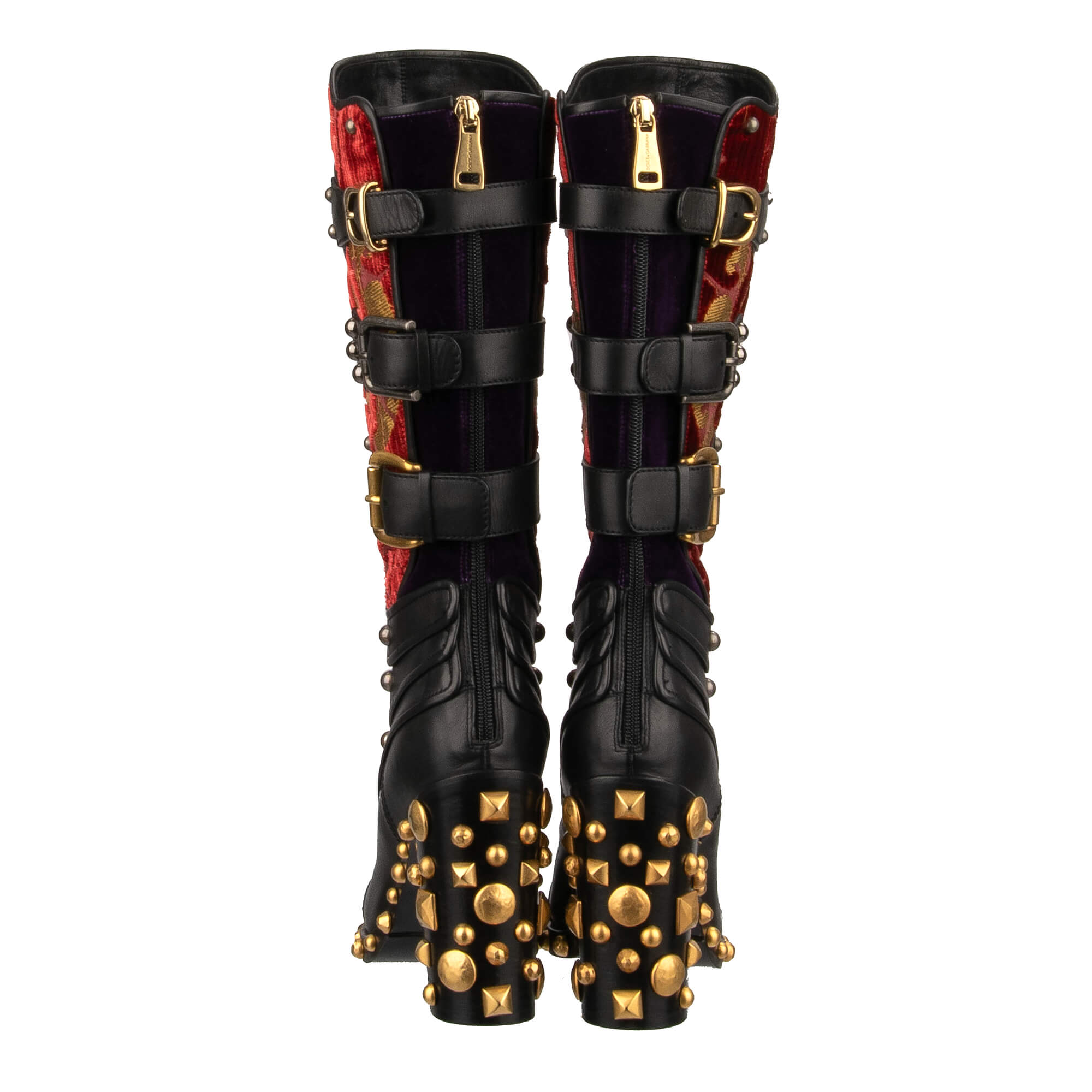 Stiefel BIKER aus Samt, Barock Jacquard und Leder mit Nieten in Schwarz, Ror und Lila von DOLCE & GABBANA