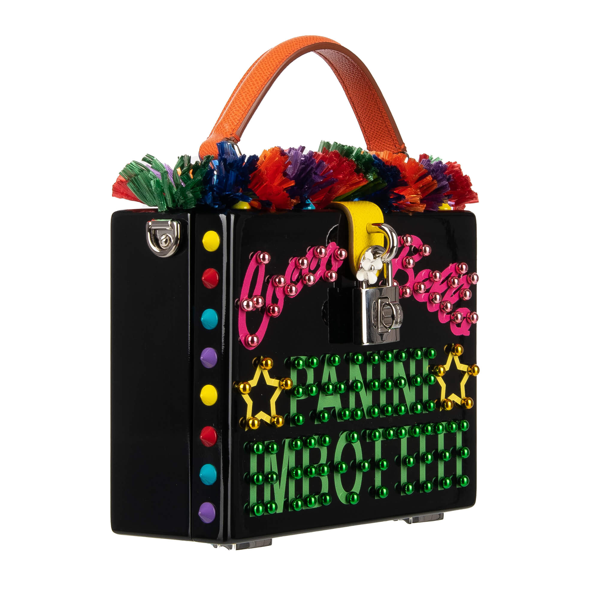 Unique wooden clutch / evening bag DOLCE BOX with Raffia trim, "Cocco Bello Panini Imbottiti" text, multicolor studs and decorative padlock by DOLCE & GABBANA