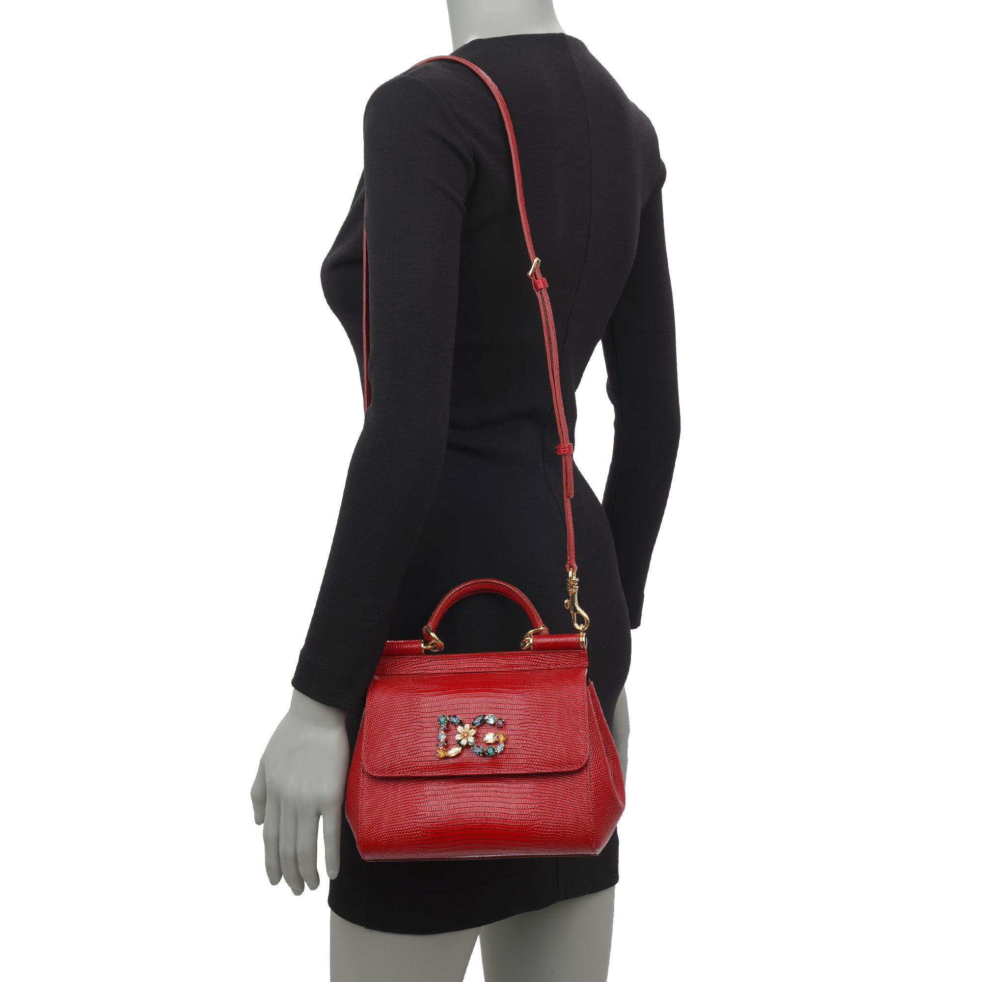 Eidechse Muster Kalbsleder Handtasche / Schultertasche SICILY mit DG Kristall Logo Schild von DOLCE & GABBANA