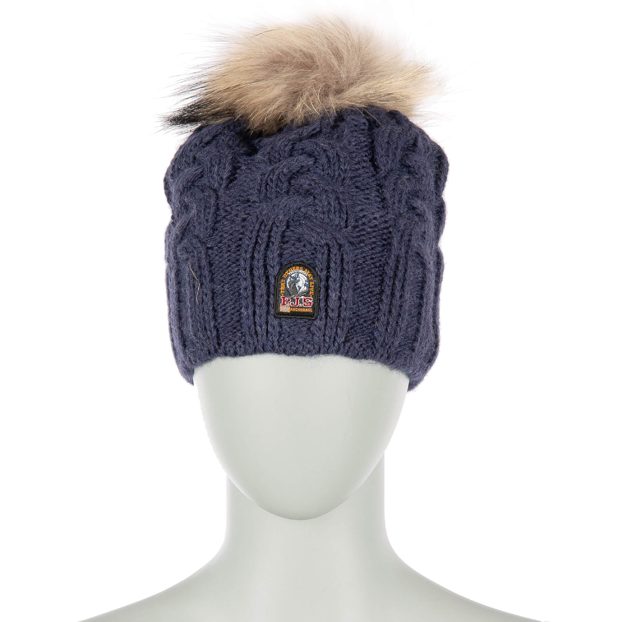 Unisex Zopfmuster Mütze mit Pelz Bommel Navy Blau