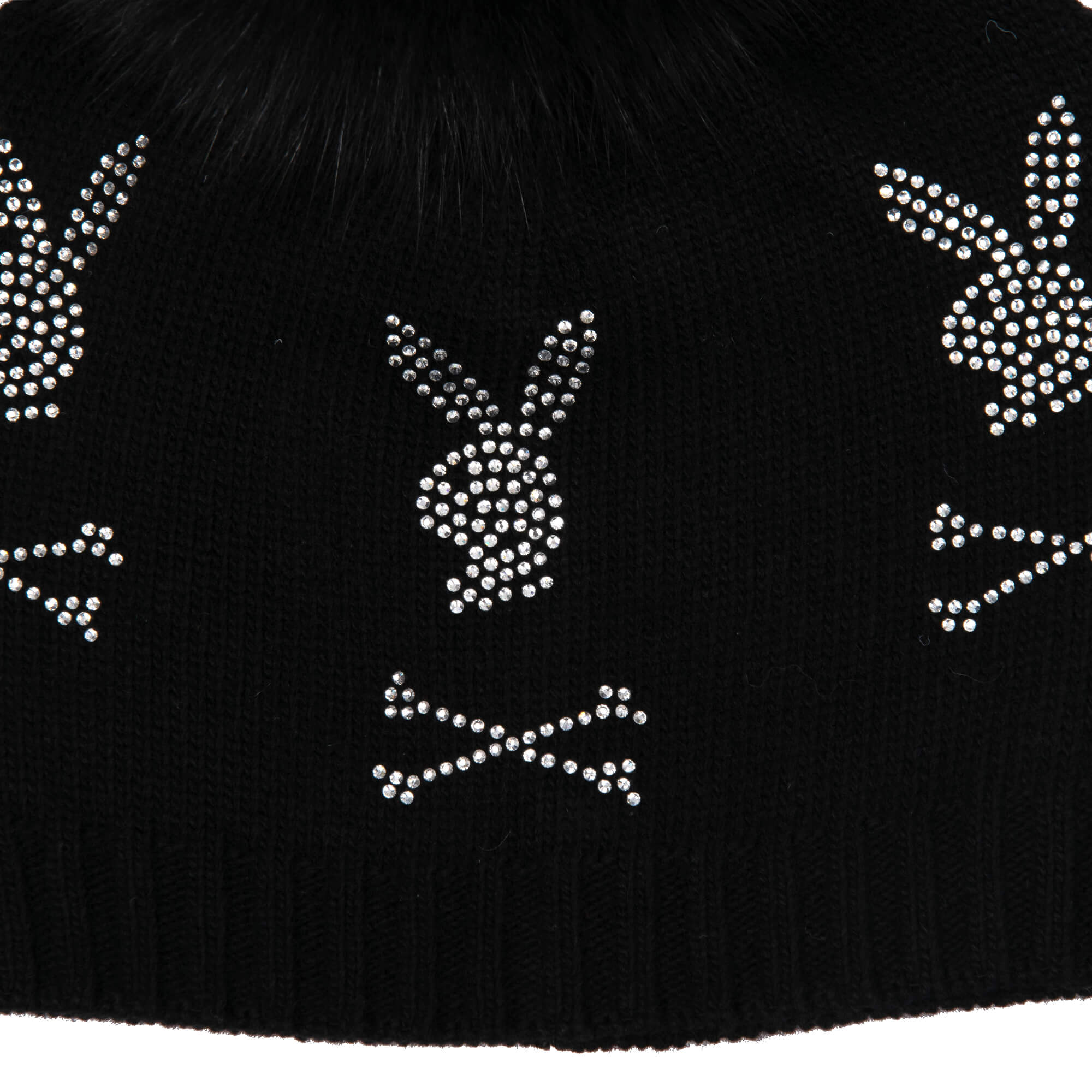 Wool and Cashmere blend knit beanie hat with six crystals Bunny Skull logos and fox fur pompon by PHILIPP PLEIN x PLAYBOY