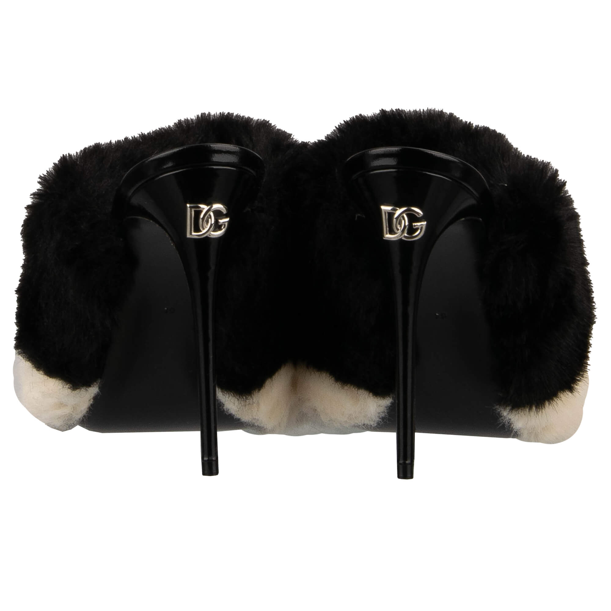 Leder und Kunstpelz Pumps Sandalen KEIRA mit DG silber metal Logo in Schwarz und Beige von DOLCE & GABBANA