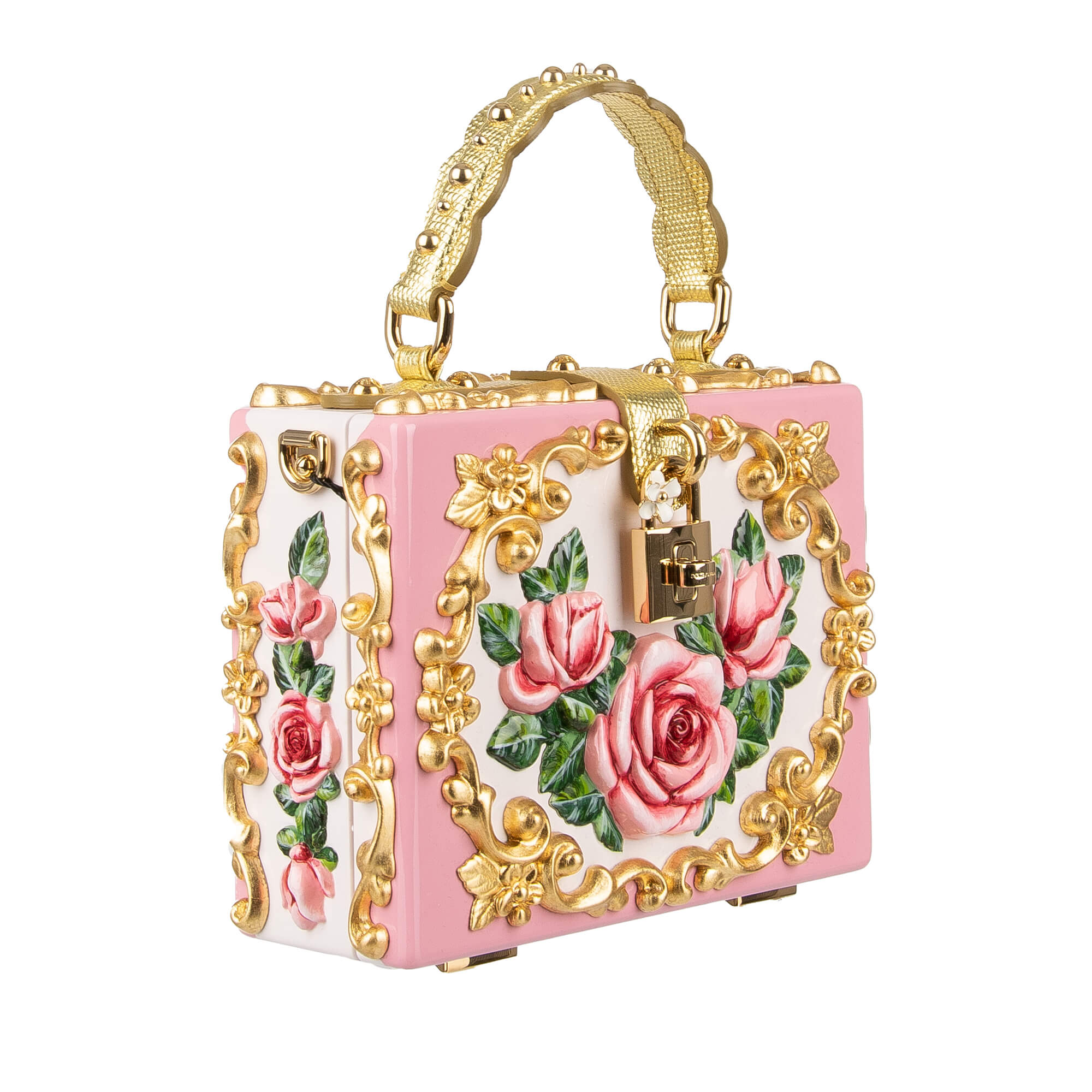 Ceramic vases inspired, hand-painted Top Handle Clutch Bag / Handbag DOLCE BOX made of wood with embossed roses and studs and decorative padlock with enamel flower by DOLCE & GABBANA