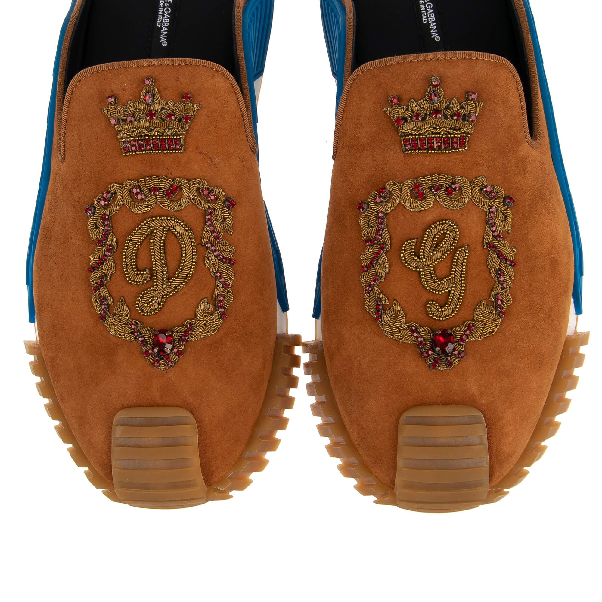 Sandal Style Suede Low-Top Sneaker NS1 with Crystal Crown DG logo Goldwork embroidery in brown by DOLCE & GABBANA