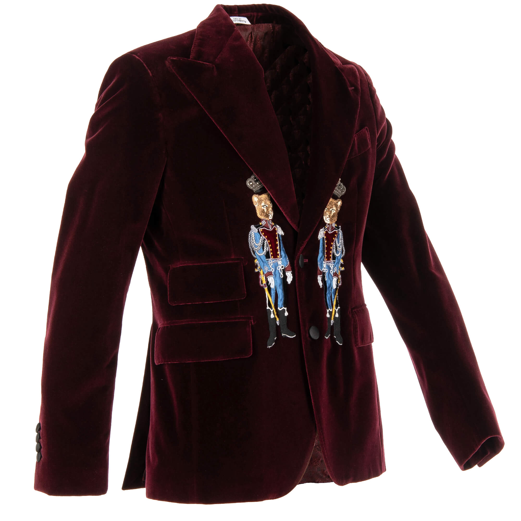 Blazer aus Samt mit spitzem Kragen, und Perlen, Kronen, Fuchs Stickerei in Bordeaux von DOLCE & GABBANA