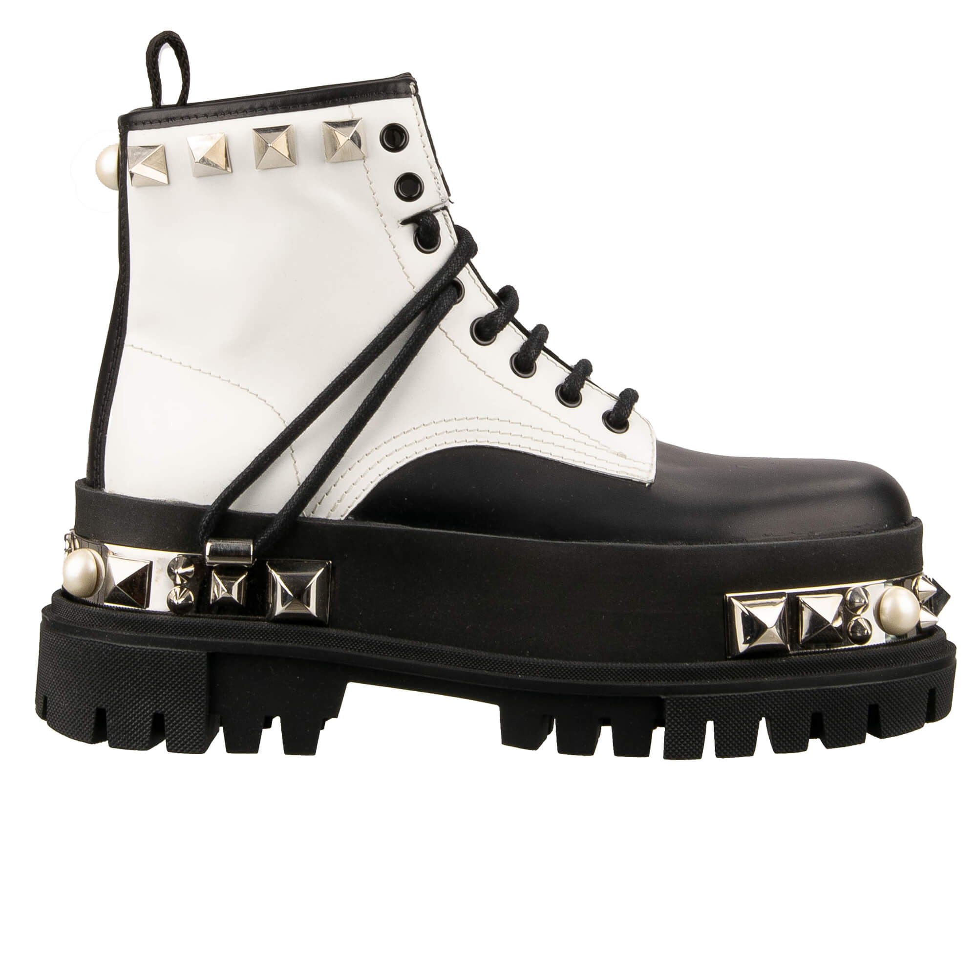 Leder Combat Biker Plateau Stiefel mit Nieten und Logo Schwarz Weiß 39 US 9