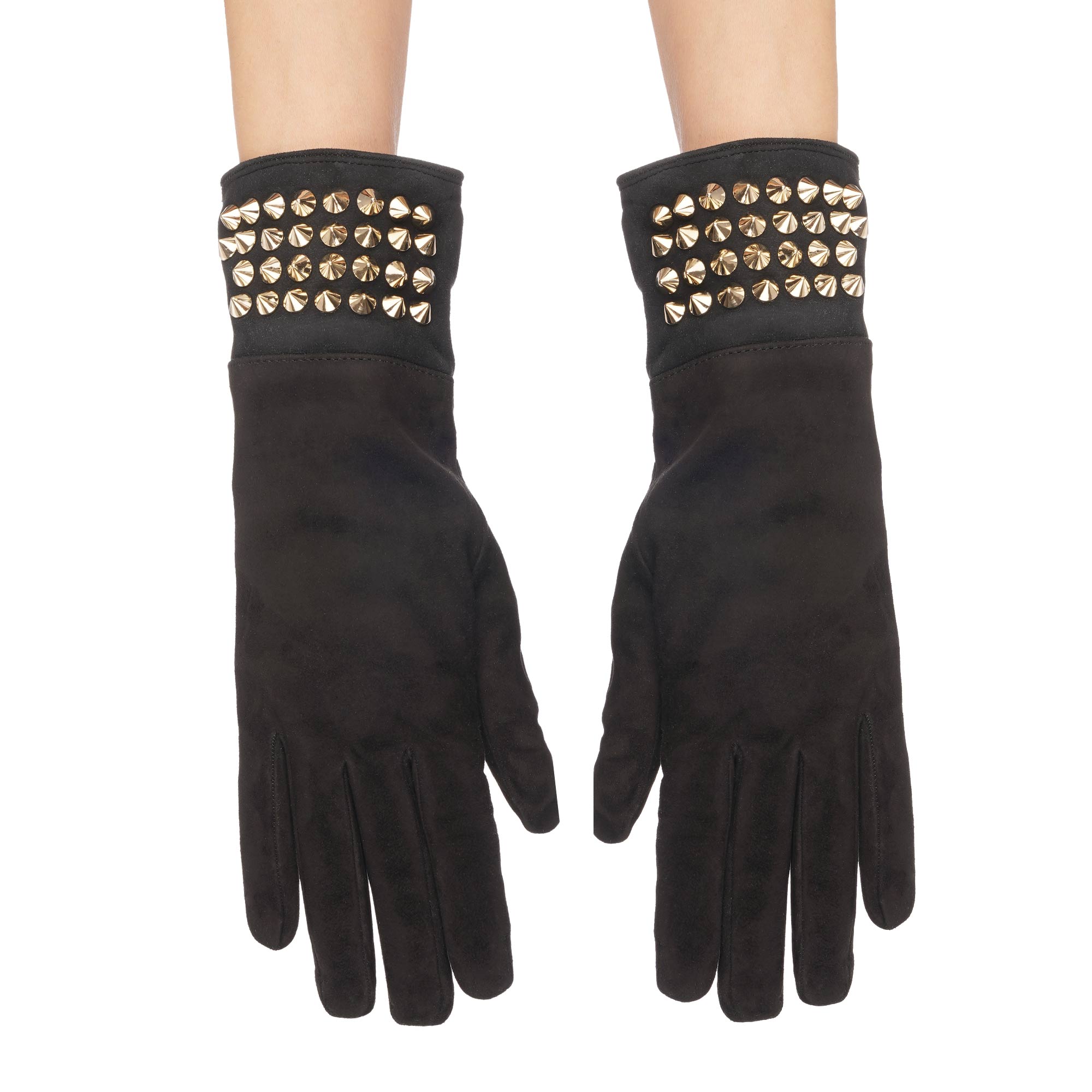 Lady Studded Suede Leather Cashmere Gloves Black Gold 8.5