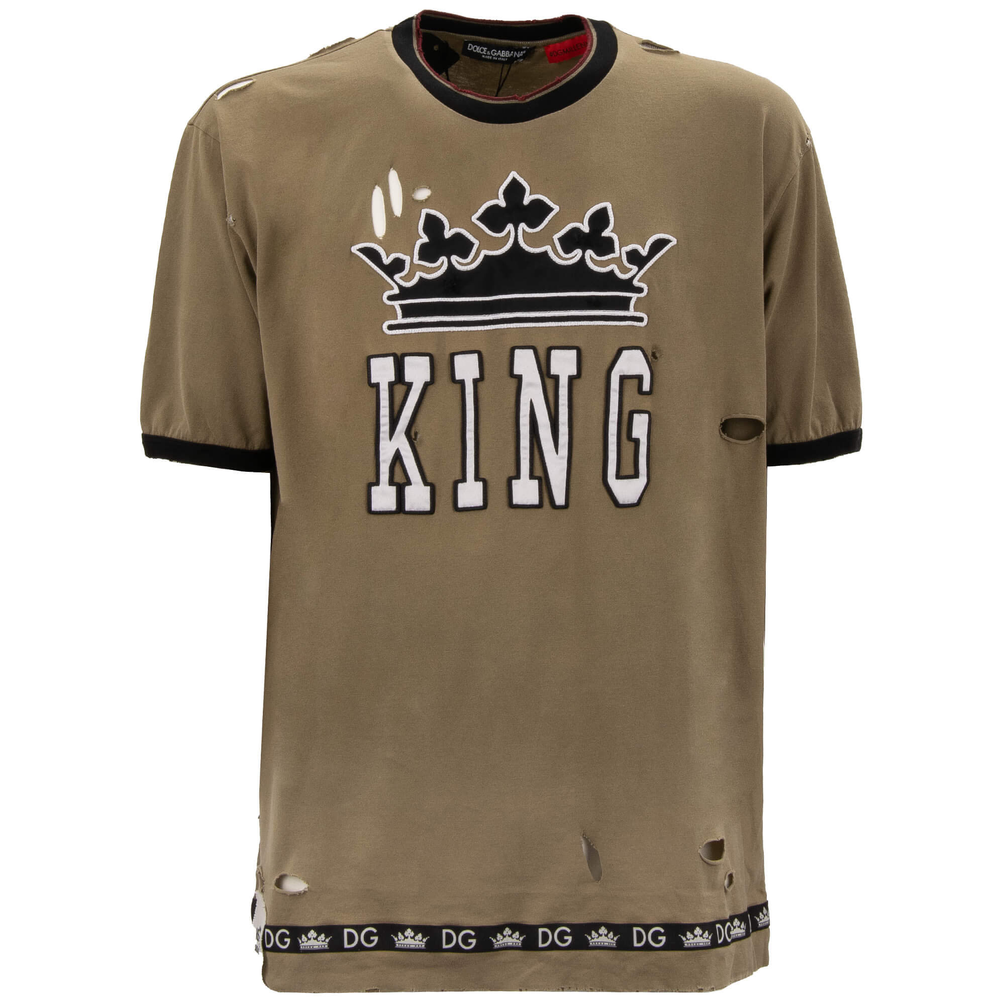 Krone King Logo 69 Patch Distressed Baumwolle T-Shirt Khaki