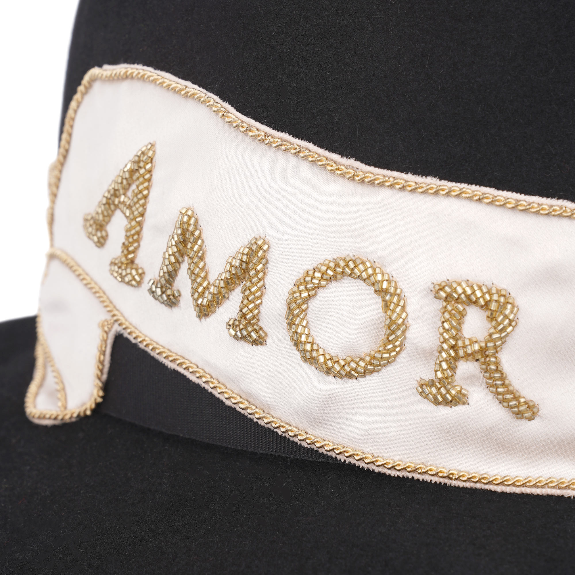 Rabbit fur Fedora Hat with AMOR GIGNIT AMOREM pearl embroidered silk ribbon by DOLCE & GABBANA 