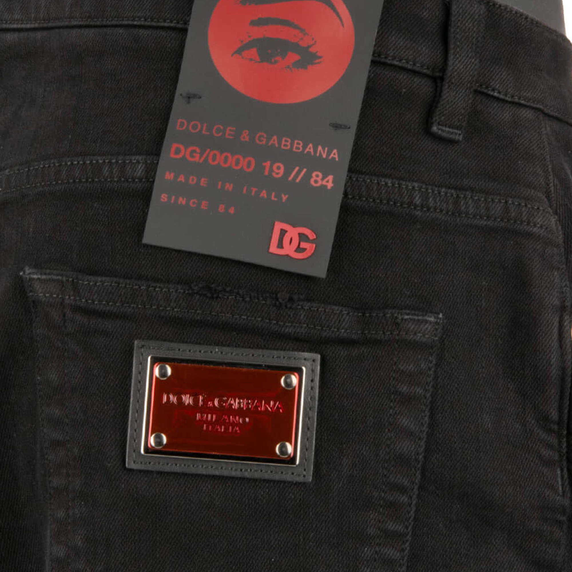 Distressed Denim Shorts with DG metal logo plate in black and red by DOLCE & GABBANA 