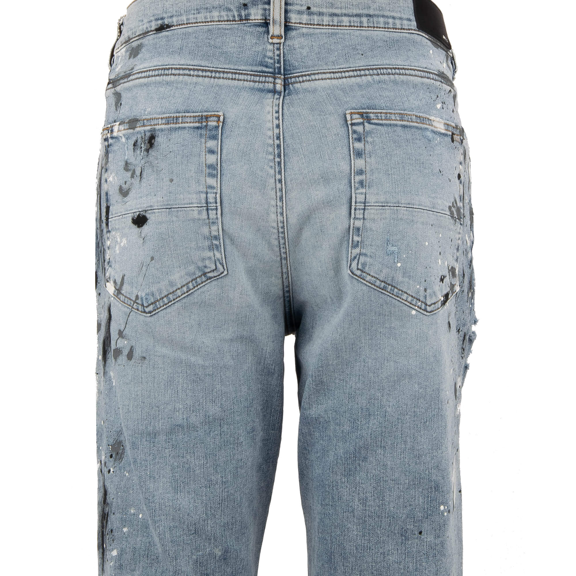 5-pockets Skinny Distressed Stretch Painter MX1 Jeans in Vintage Blue with unique color splashes and elastic inserts by AMIRI