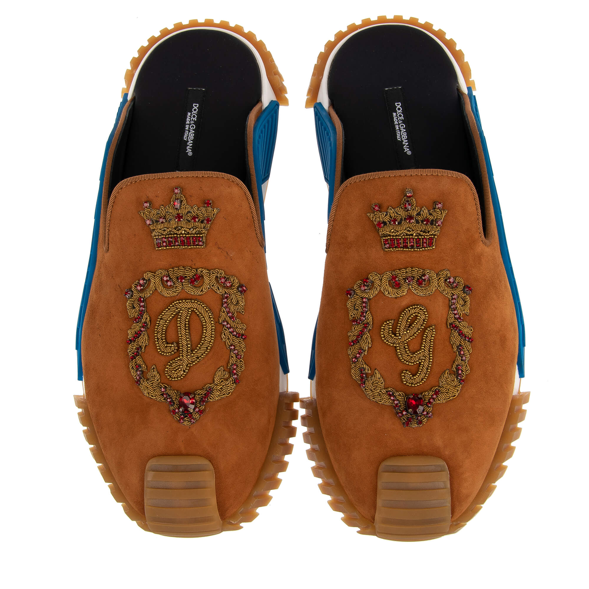 Sandal Style Suede Low-Top Sneaker NS1 with Crystal Crown DG logo Goldwork embroidery in brown by DOLCE & GABBANA