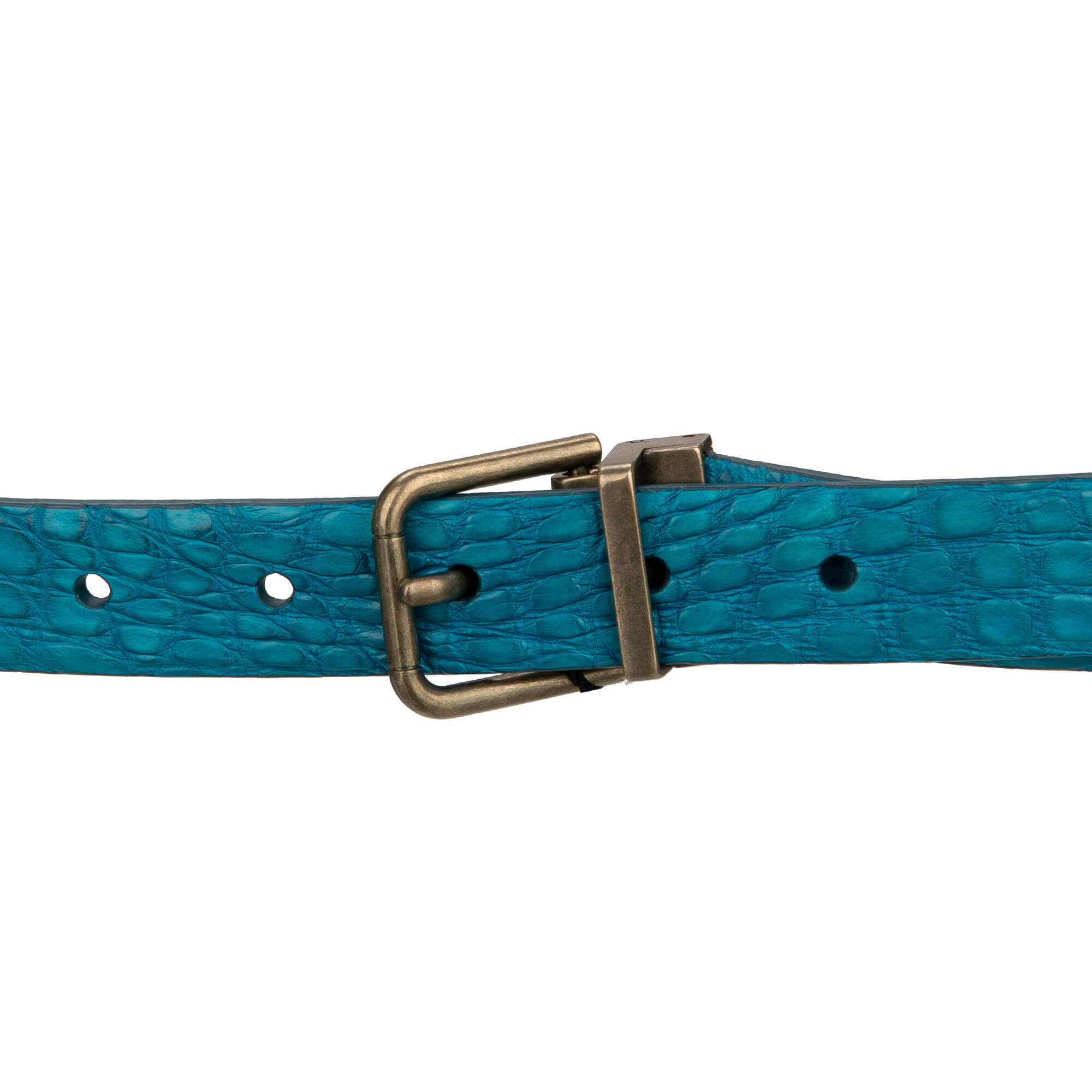 Gürtel aus Kaiman Leder mit Metall Rollschnalle in Antik Gold und Türkis Blau von DOLCE & GABBANA