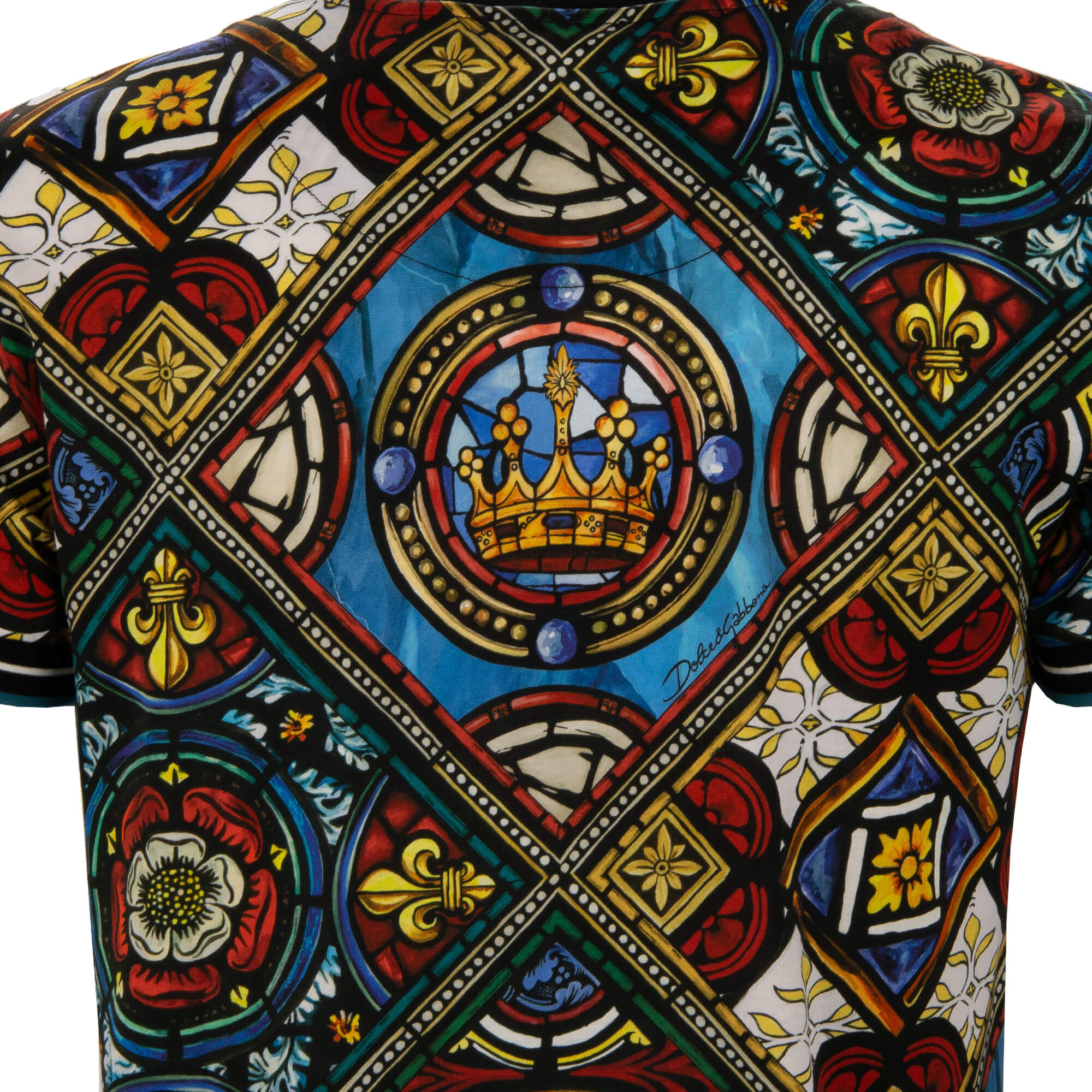 Baumwolle T-Shirt mit Vitragen Print und gerippten Elementen in Blau, Schwarz und Gold von DOLCE & GABBANA