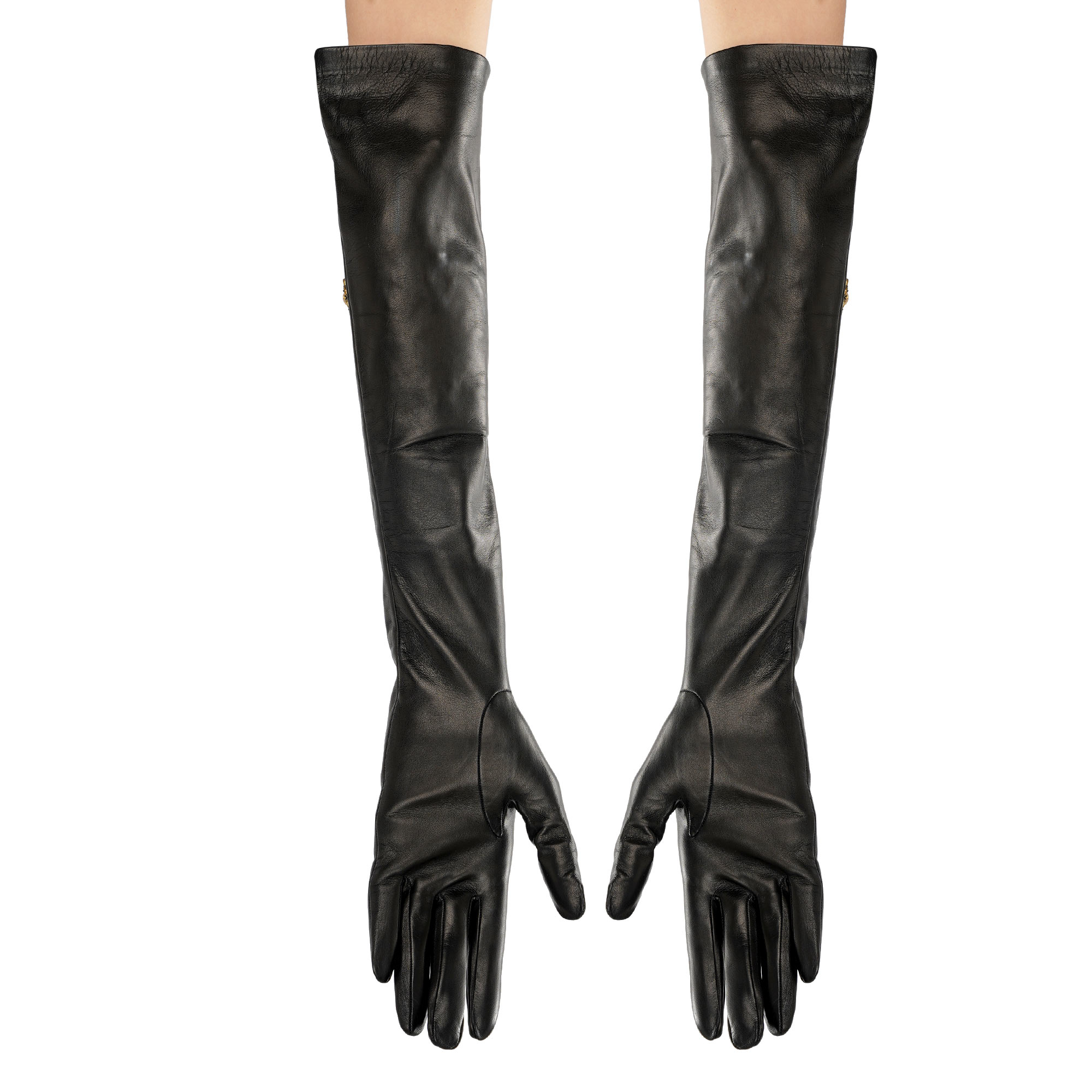 "Her Majesty" Leder Handschuhe mit Kristallen und Perlen Applikationen in Schwarz und Gold von PHILIPP PLEIN 