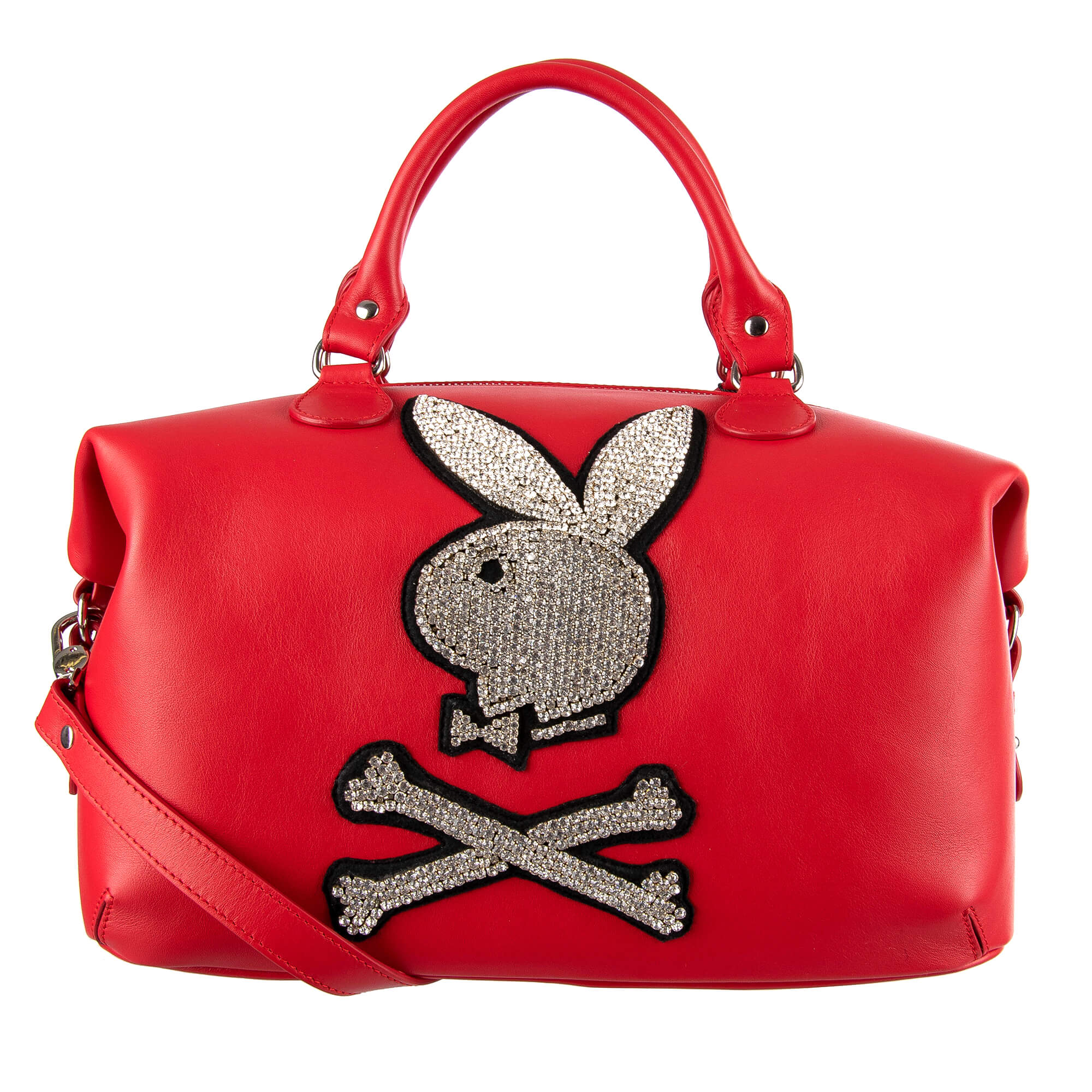 Leather Top Handle Bag with Crystals Red