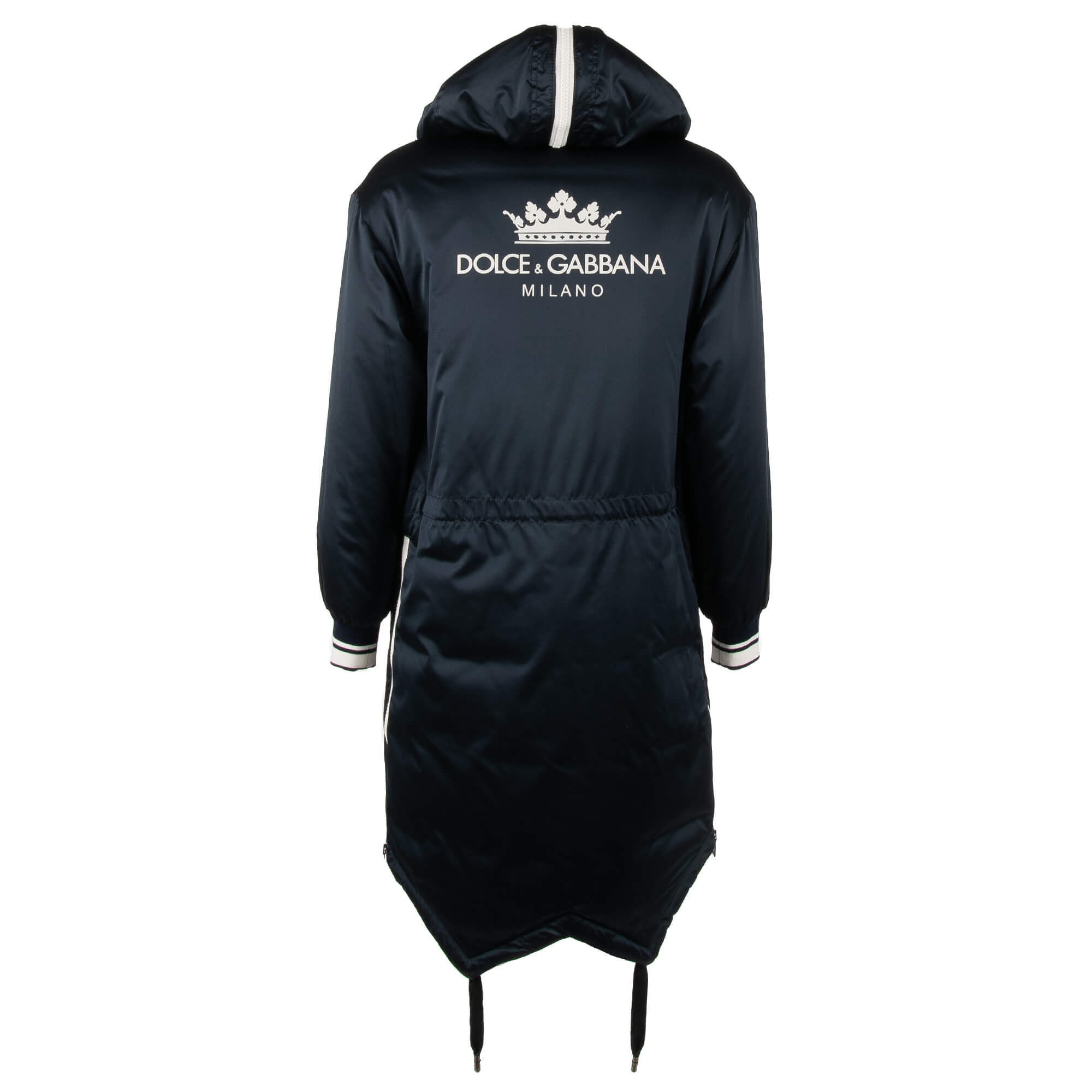 Lange, gefütterte Parka Jacke mit Kapuze, Außentachen, großem DG Logo und Krone Print am Rücken und Strick-Details von DOLCE & GABBANA