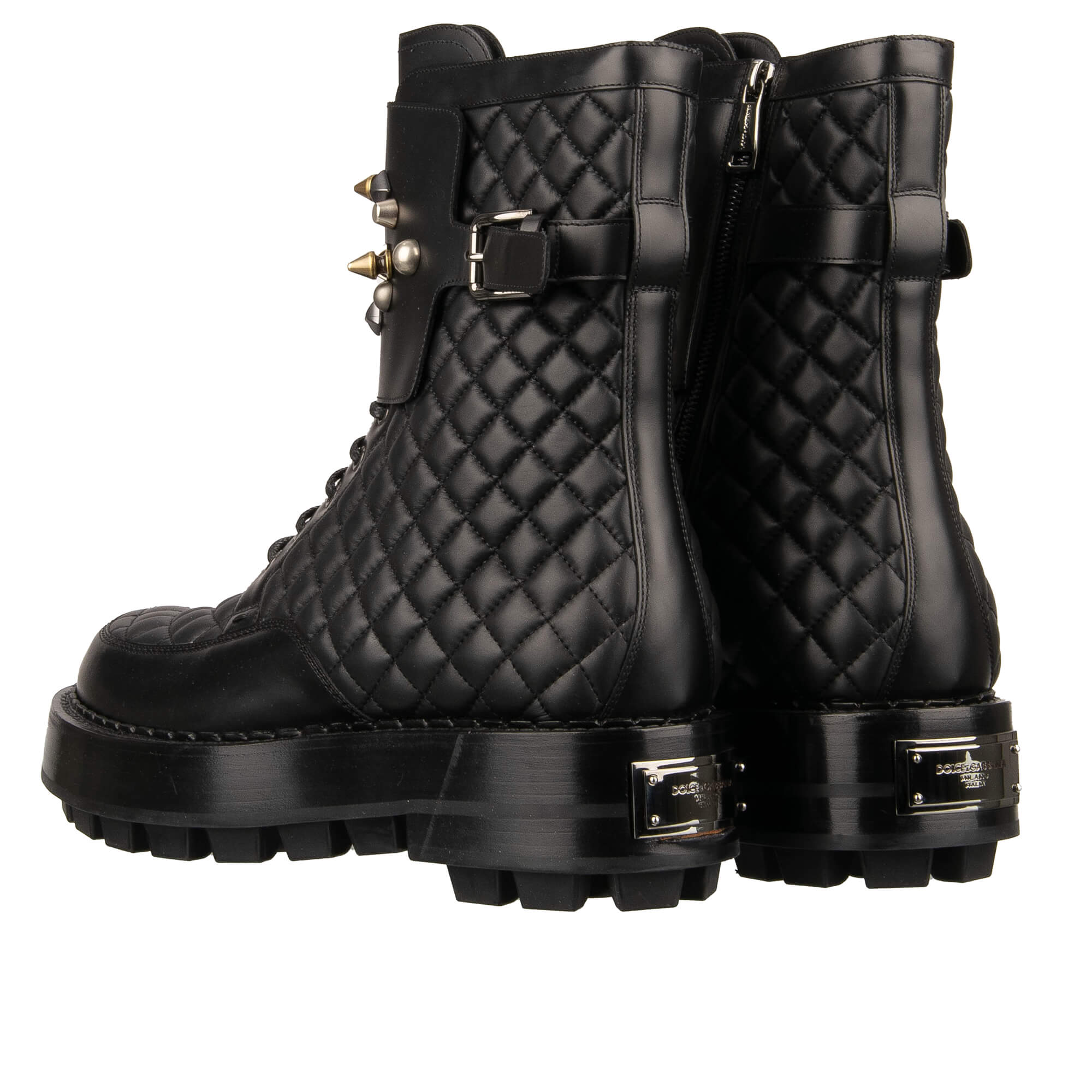 Plateau Top Track Combat / Biker Stiefel aus gestepptem Leder mit Nieten, Logo und Reißverschluss in Schwarz von DOLCE & GABBANA