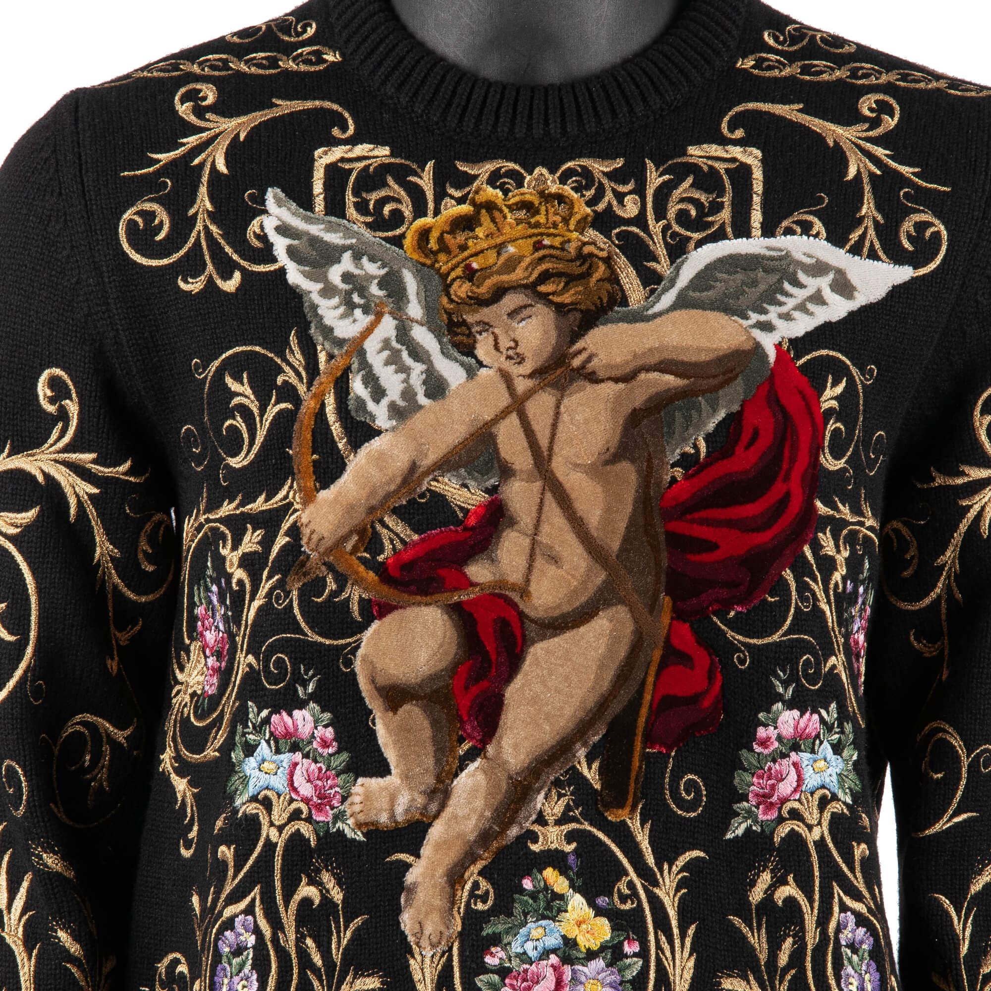 Exceptional and rare baroque style sweater / sweatshirt with velvet Angel and hand embroidered flowers by DOLCE & GABBANA