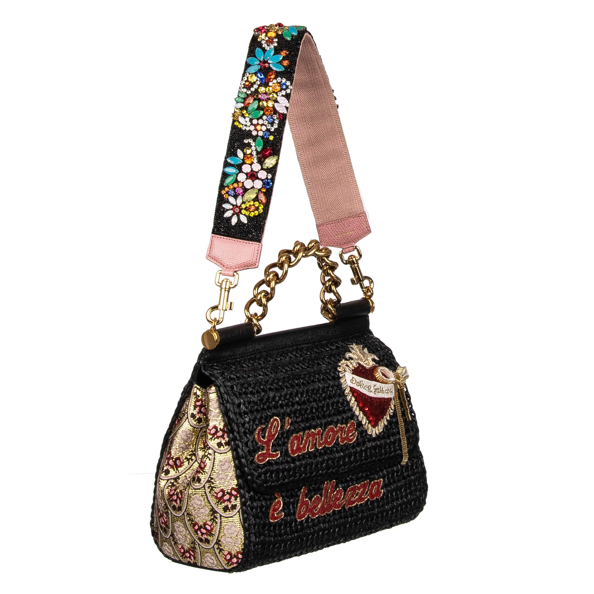 Schulterriemen für Tasche aus Baumwolle in Schwarz verziert mit Perlen und Kristallen Handstickerei von DOLCE & GABBANA