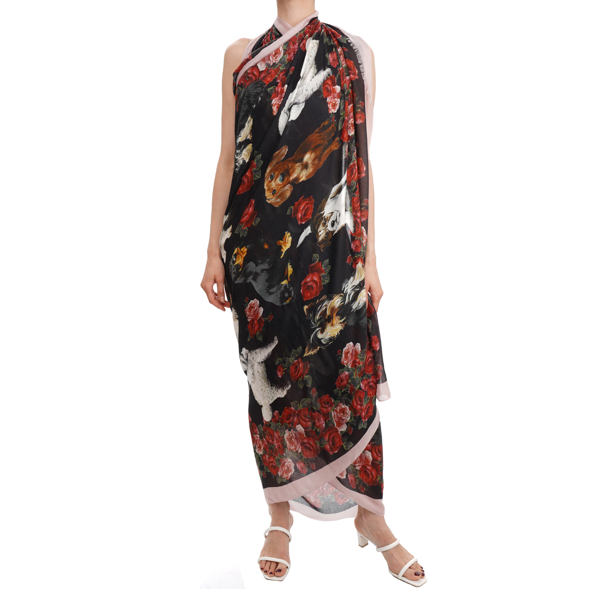 Rose Puppy Cashmere Modal Scarf Foulard Pink Black