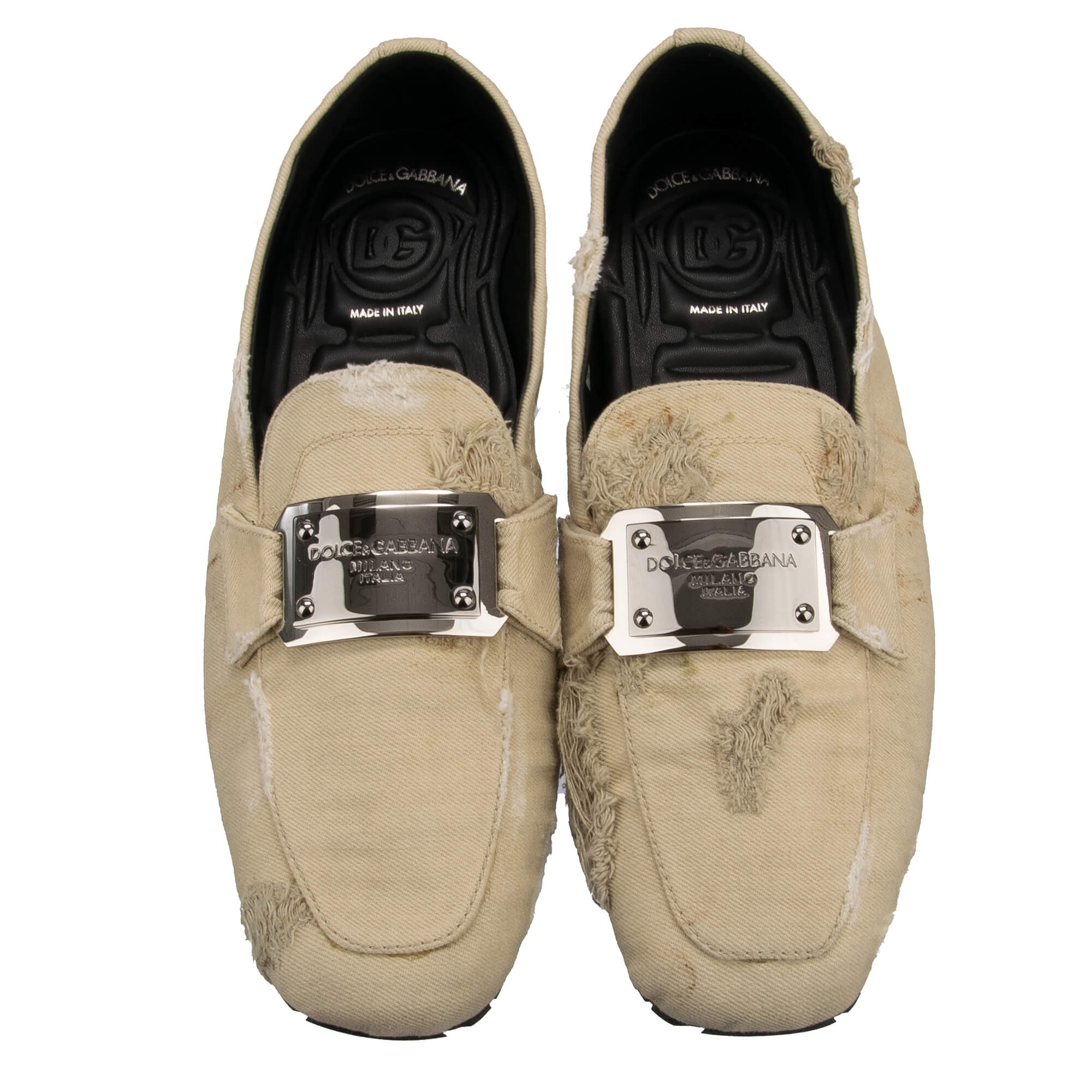 One of a kind destroyed effect denim fabric moccasins shoes NEW ZERO with DG Metal Logo Plate in beige by DOLCE & GABBANA