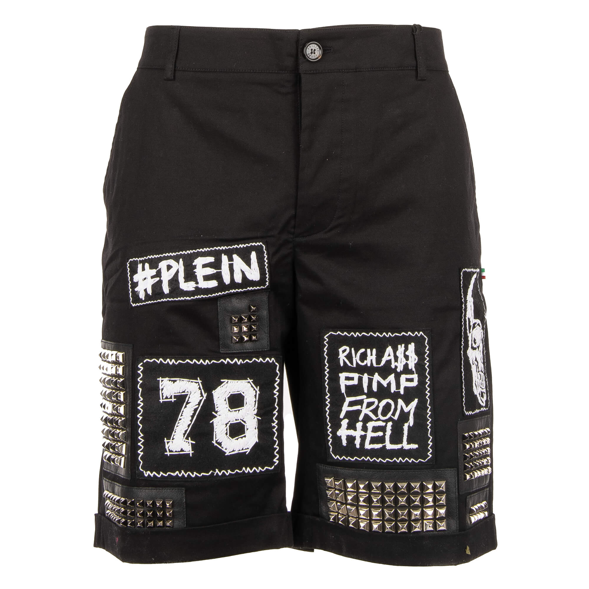 Unilateral Totenkopf Logo Patch Nieten Shorts Hose Schwarz XL 