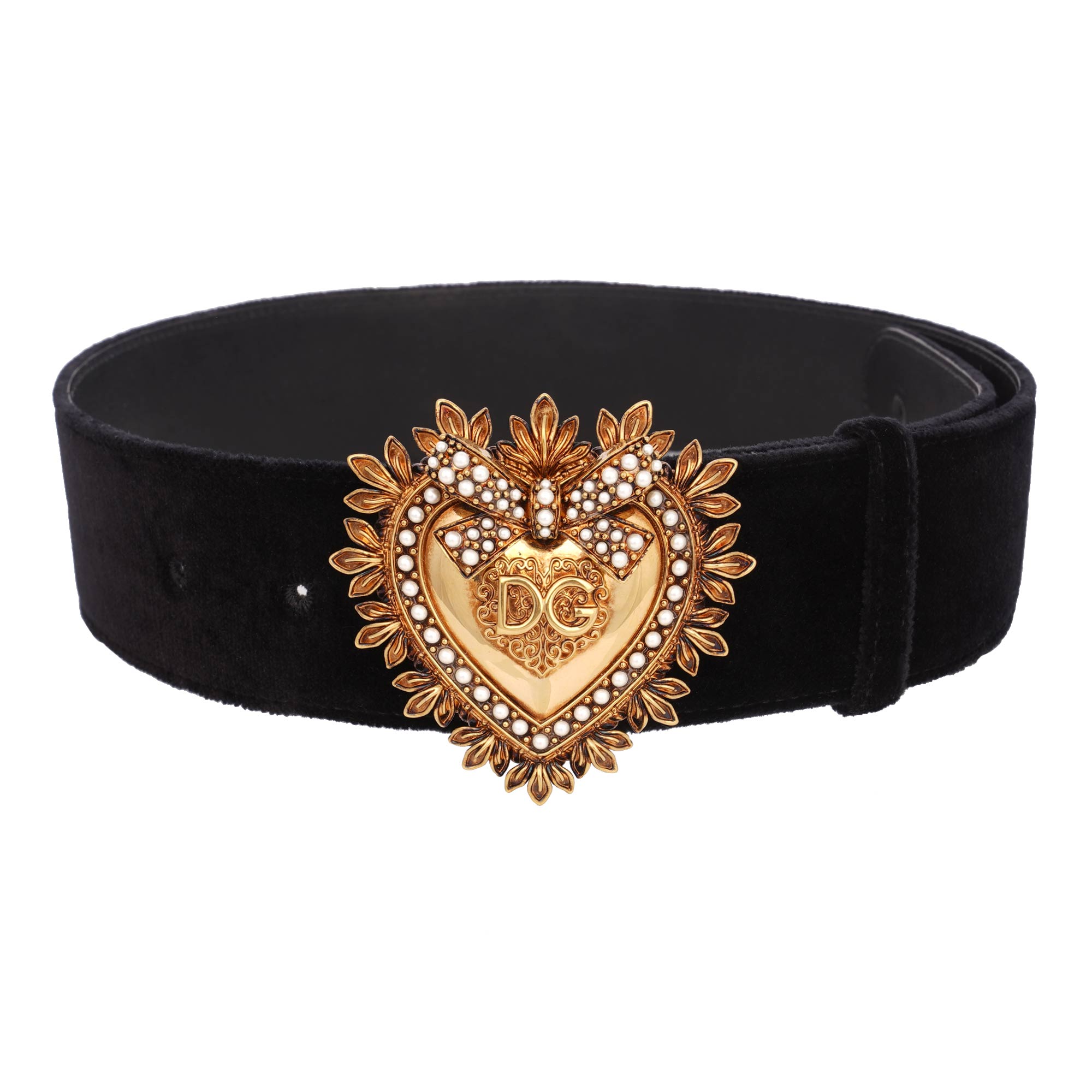 DEVOTION Gürtel aus Leder und Samt mit Metall Perlen Herz in Schwarz und Gold von DOLCE & GABBANA 