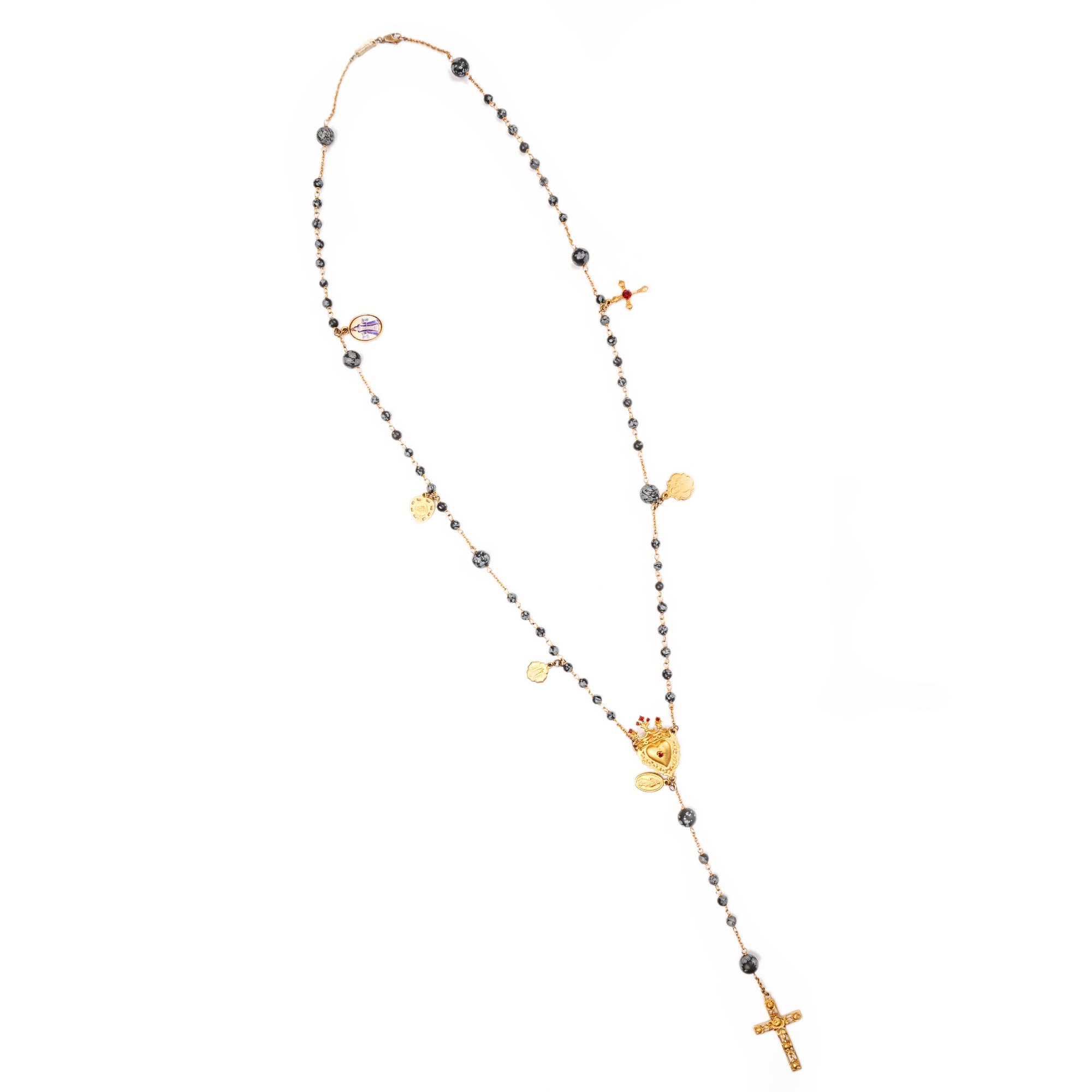 Rosario Chain necklace with Cross, Saints pendants, crystal crown, heart and natural stones pearls in gold, gray and black by DOLCE & GABBANA