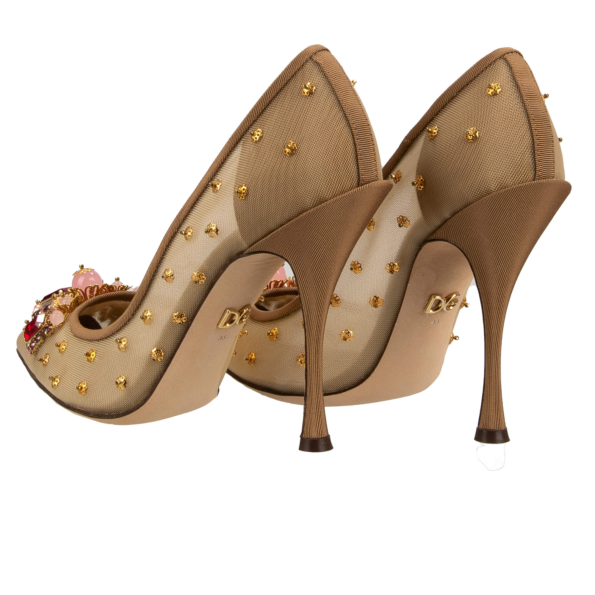 Pointed Plastic Lace Pumps LORI with scrystal and brass elements embroidery in beige, red, pink and gold by DOLCE & GABBANA