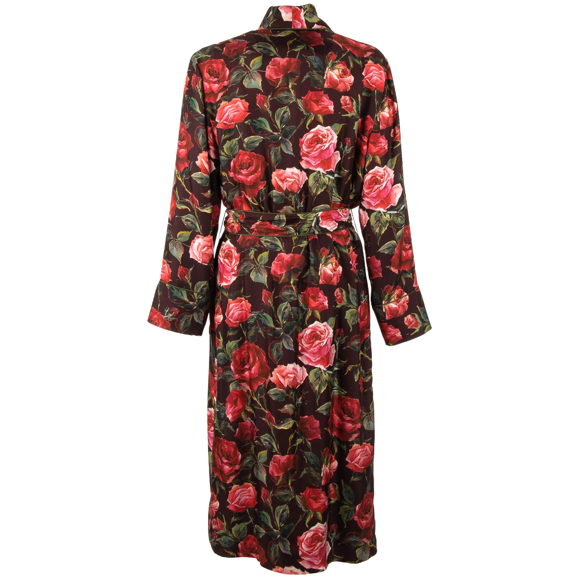 Silk Coat / Robe with roses print and large shawl collar in red, green and bordeaux by DOLCE & GABBANA