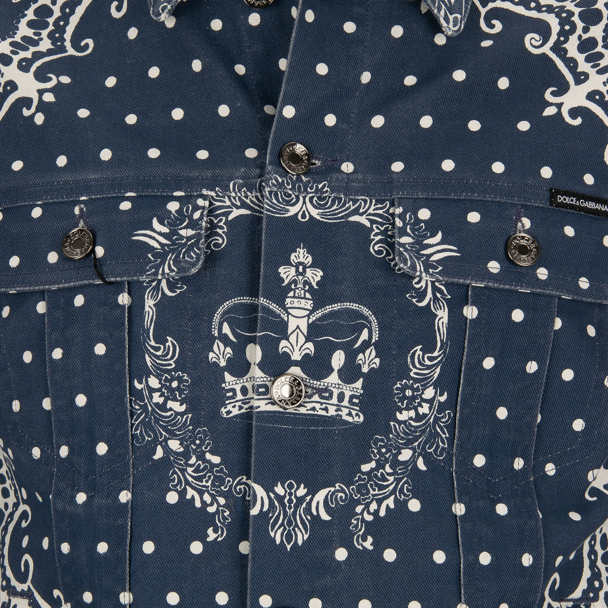 Bandana and crown printed denim / jeans jacket with pockets and logo plate by DOLCE & GABBANA