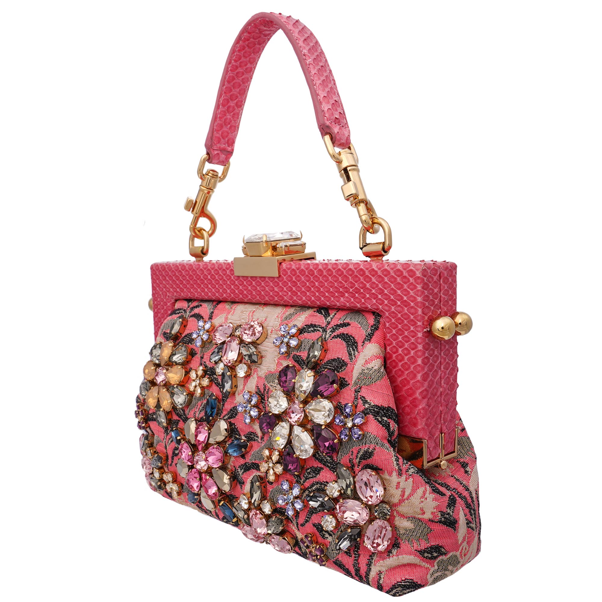 Einzigartige Clutch / Abendtasche VANDA aus Jacquard und Schlangenleder mit Kristallen, Kettenriemen und Griff aus Schlangenleder von DOLCE & GABBANA