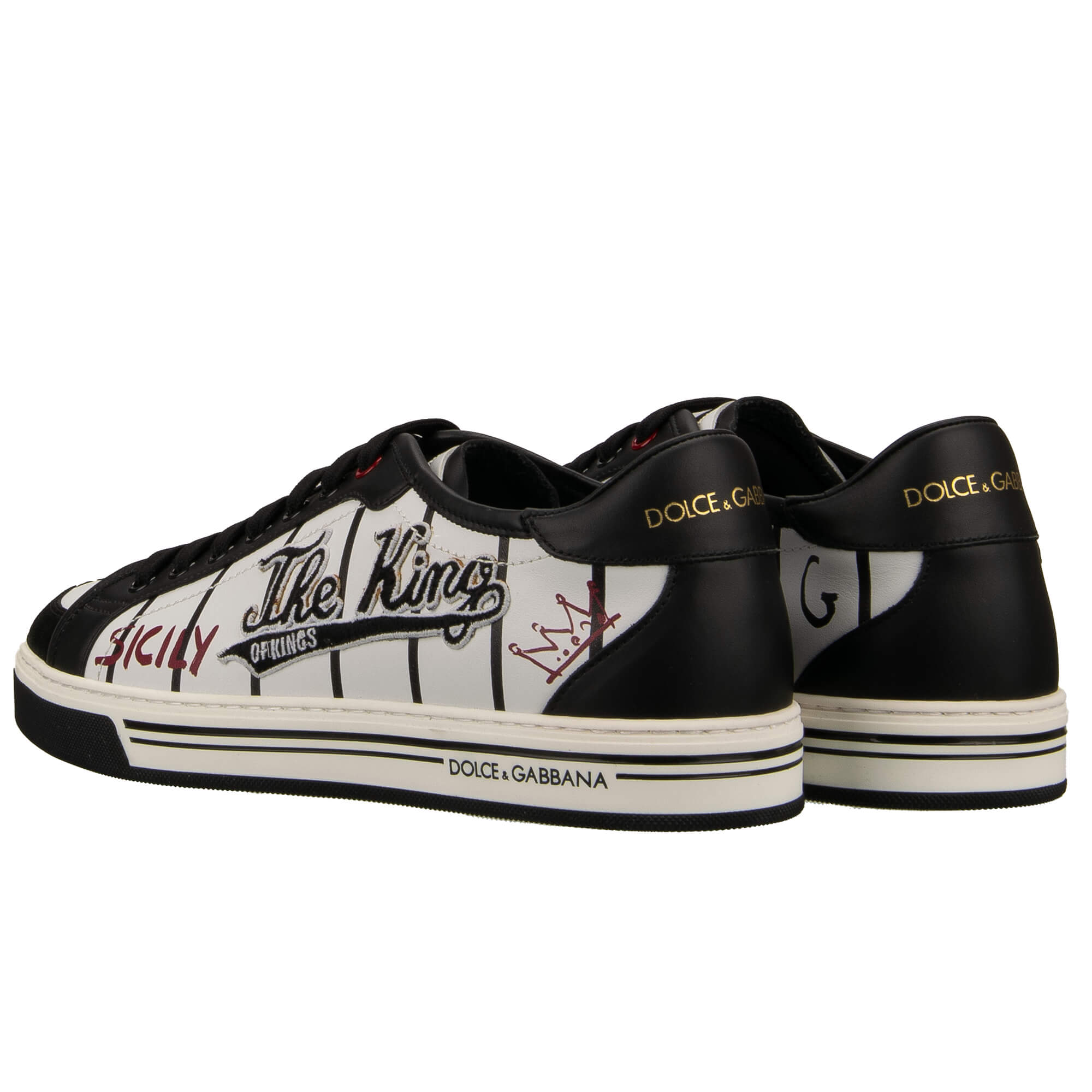 Low-Top Sneaker ROMA with The King farbic patchesand striped print in black and white by DOLCE & GABBANA
