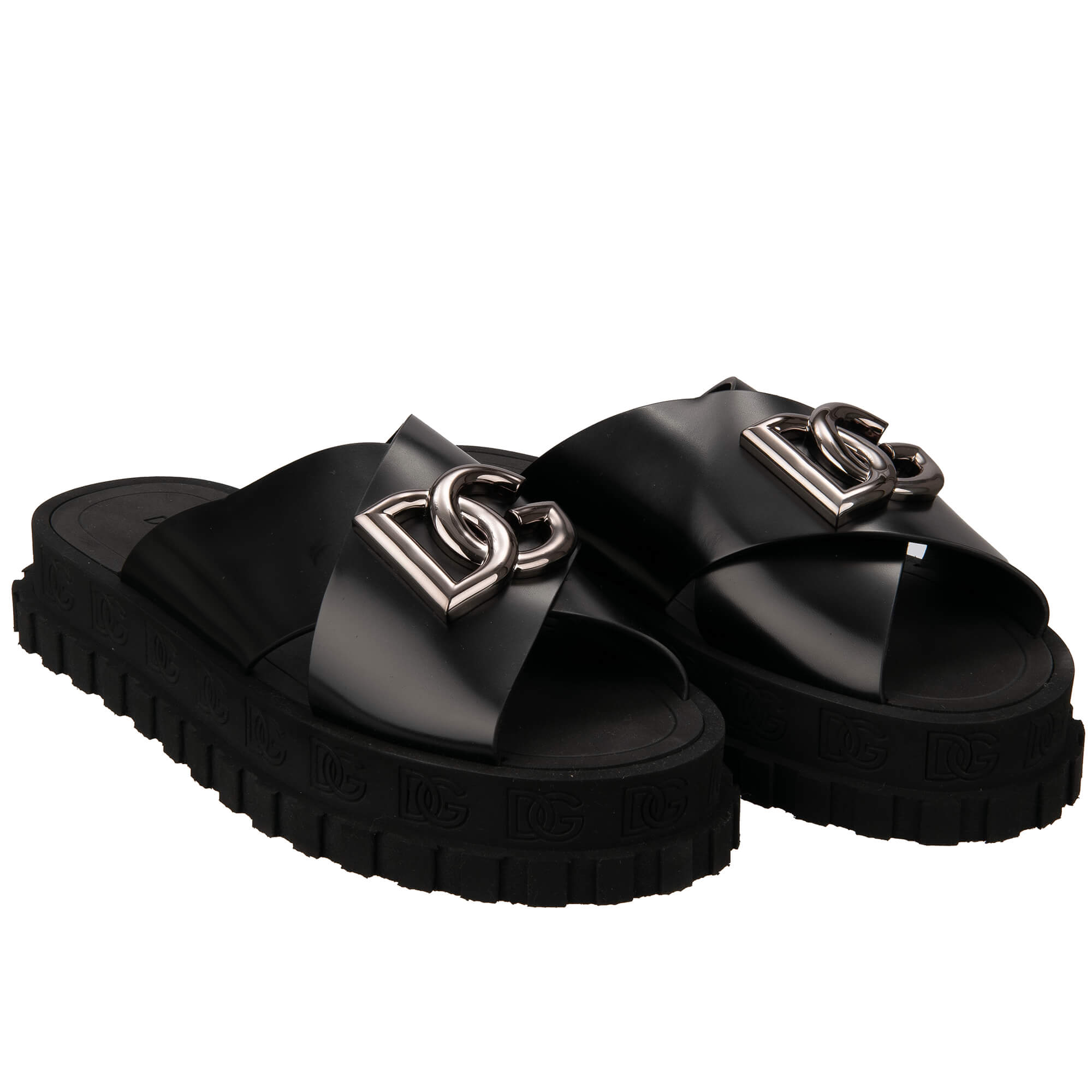 DG Metal Logo Plateau Leather Slides Sandals Shoes Black Silver