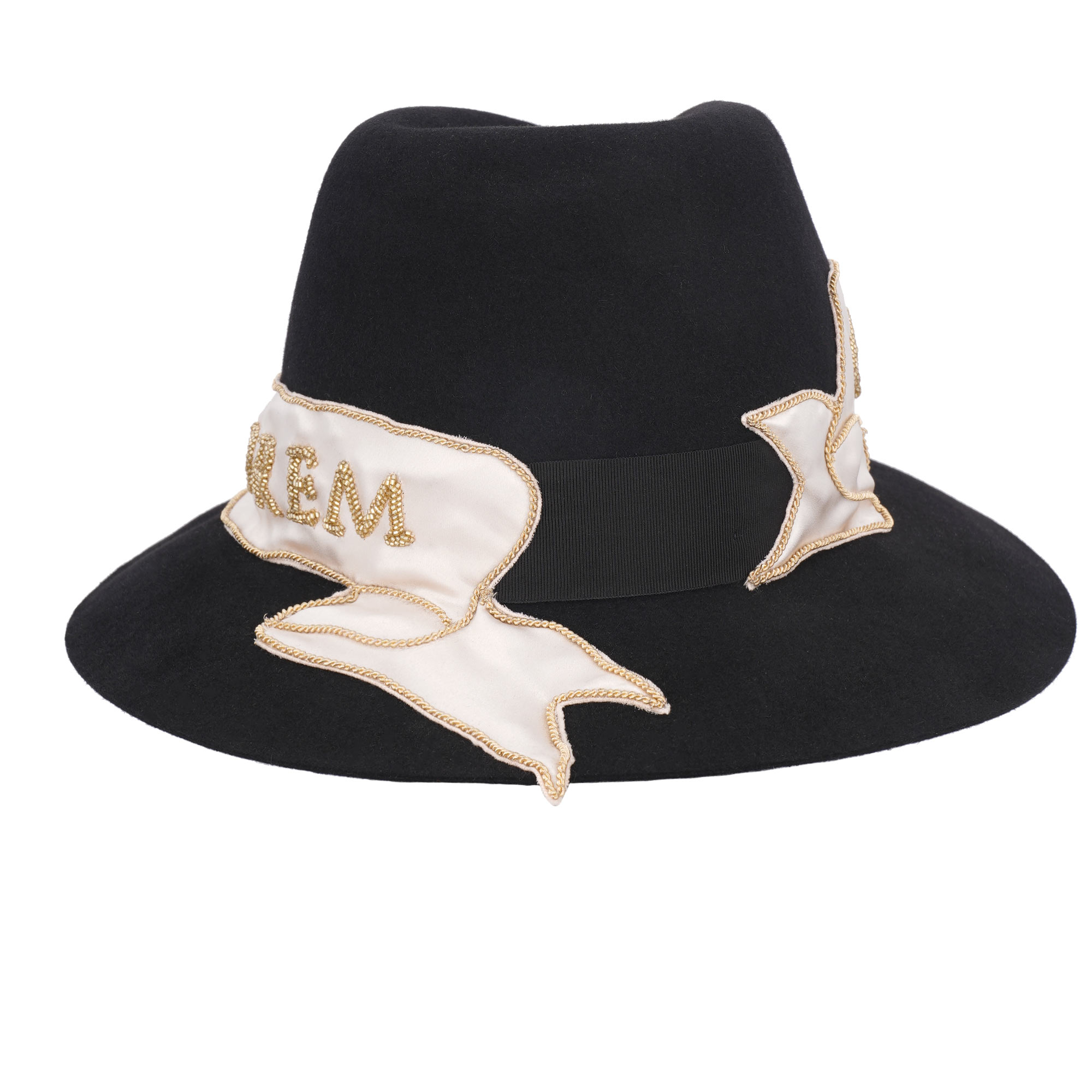 Rabbit fur Fedora Hat with AMOR GIGNIT AMOREM pearl embroidered silk ribbon by DOLCE & GABBANA 