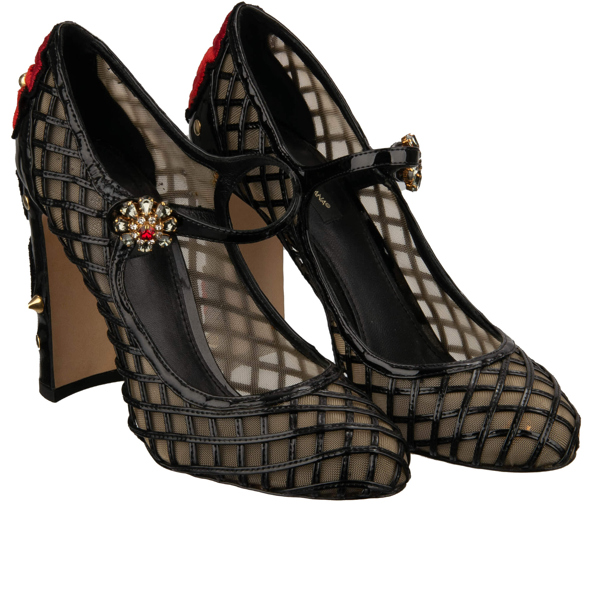 Lackleder Netz Struktur Pumps mit Perlen Blume Stickerei und Kristallen Schnalle von DOLCE & GABBANA