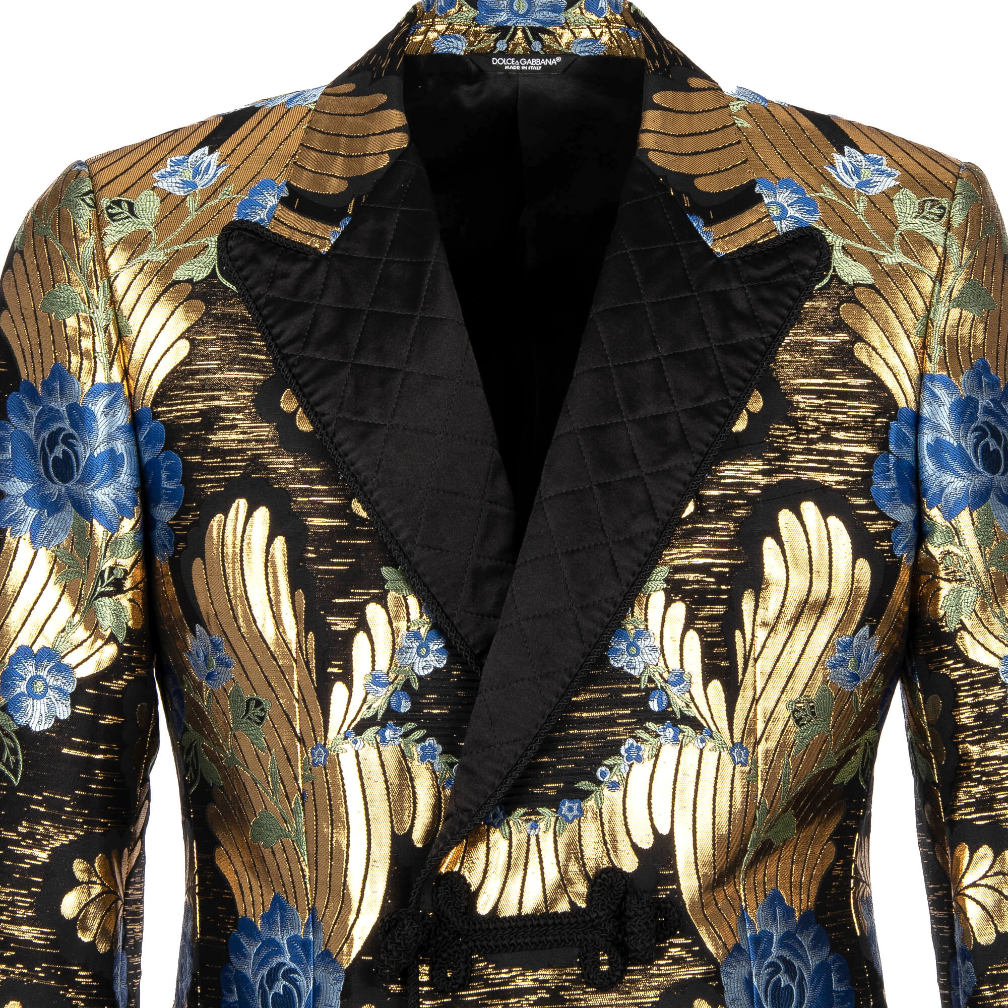 Floral Baroque Style lurex tuxedo / blazer in blue with rope fastening and contrast black quilted peak lapel, cuffs and pockets by DOLCE & GABBANA