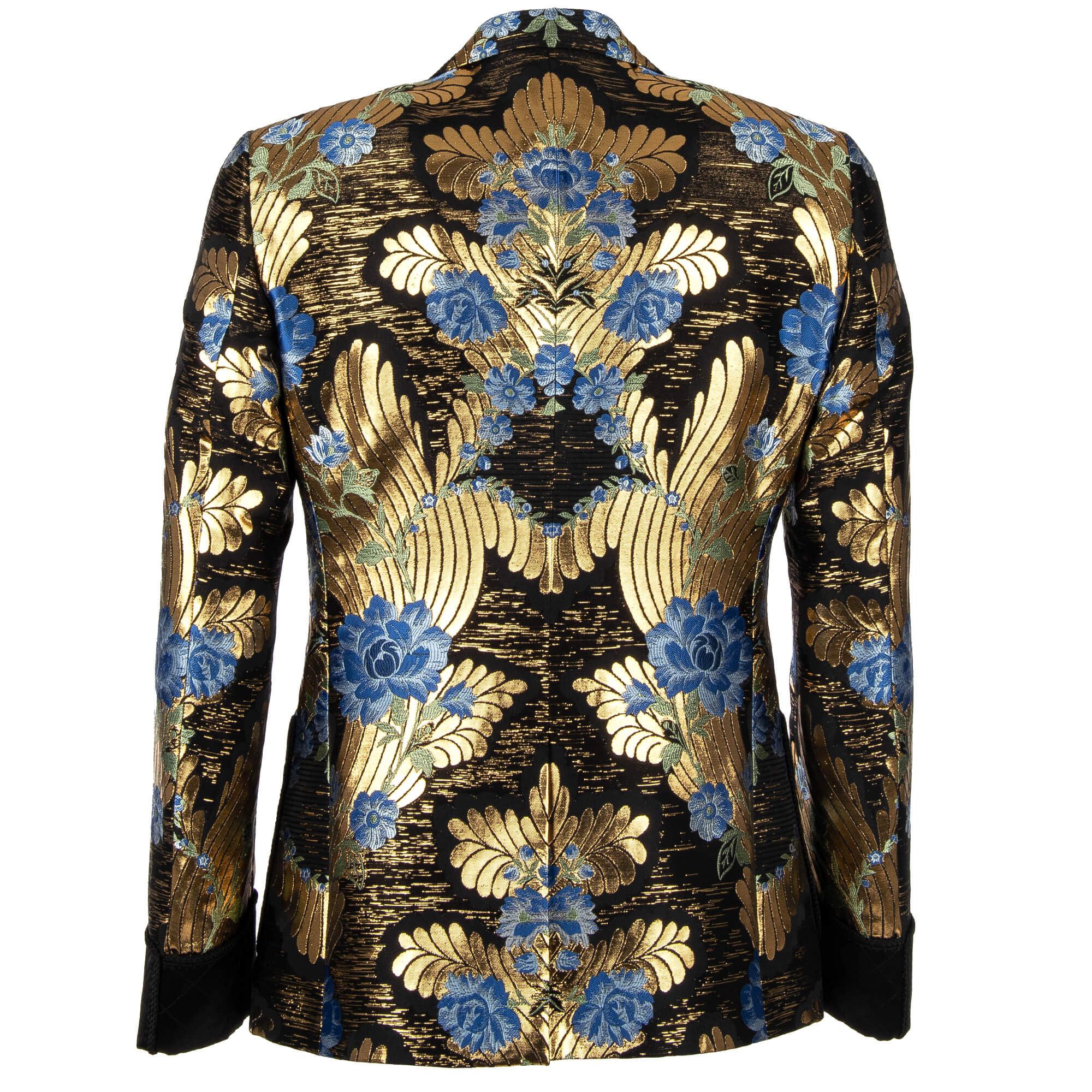 Floral Baroque Style lurex tuxedo / blazer in blue with rope fastening and contrast black quilted peak lapel, cuffs and pockets by DOLCE & GABBANA