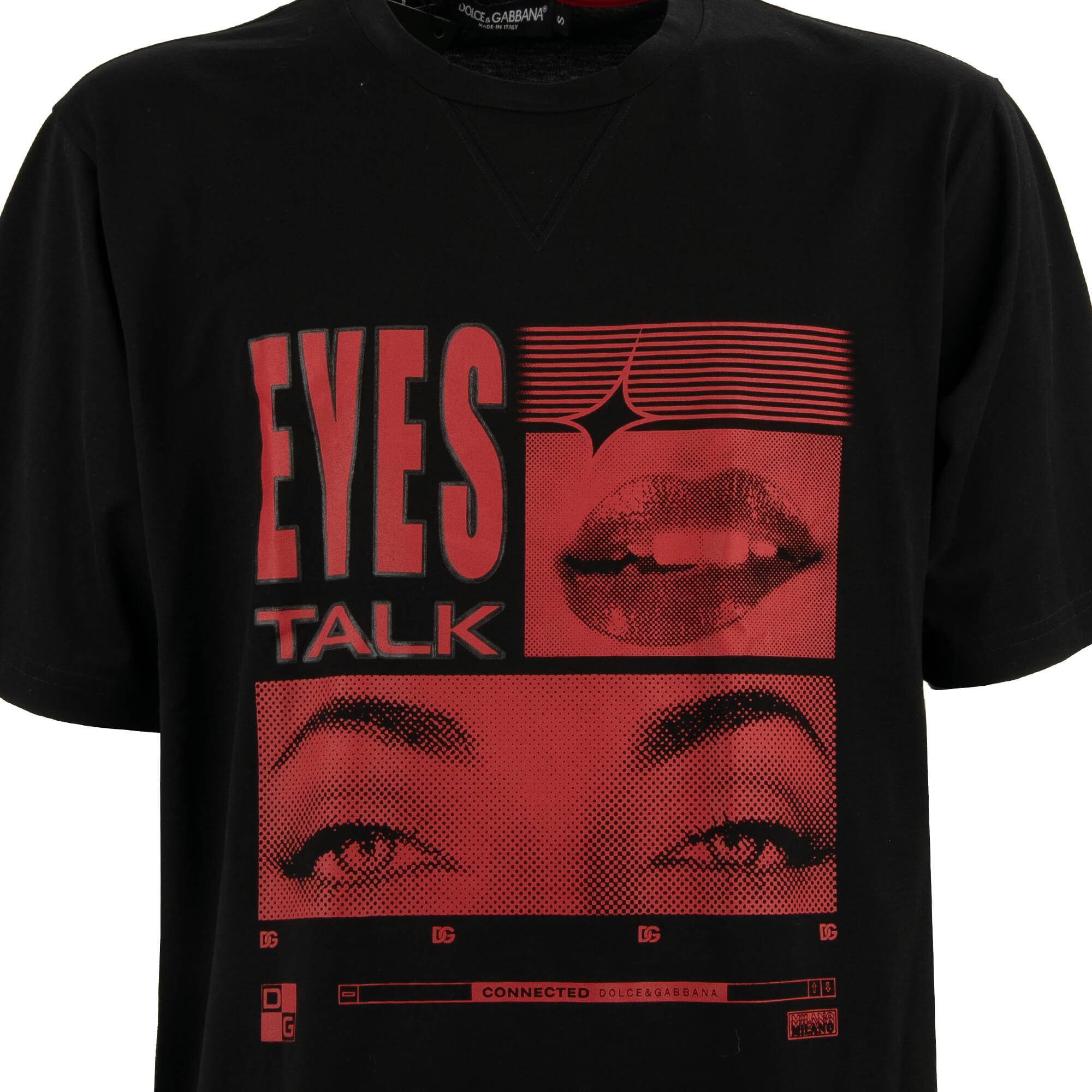 Oversized Cotton T-Shirt with DG EYES TALK LOOK AT ME in black and red by DOLCE & GABBANA